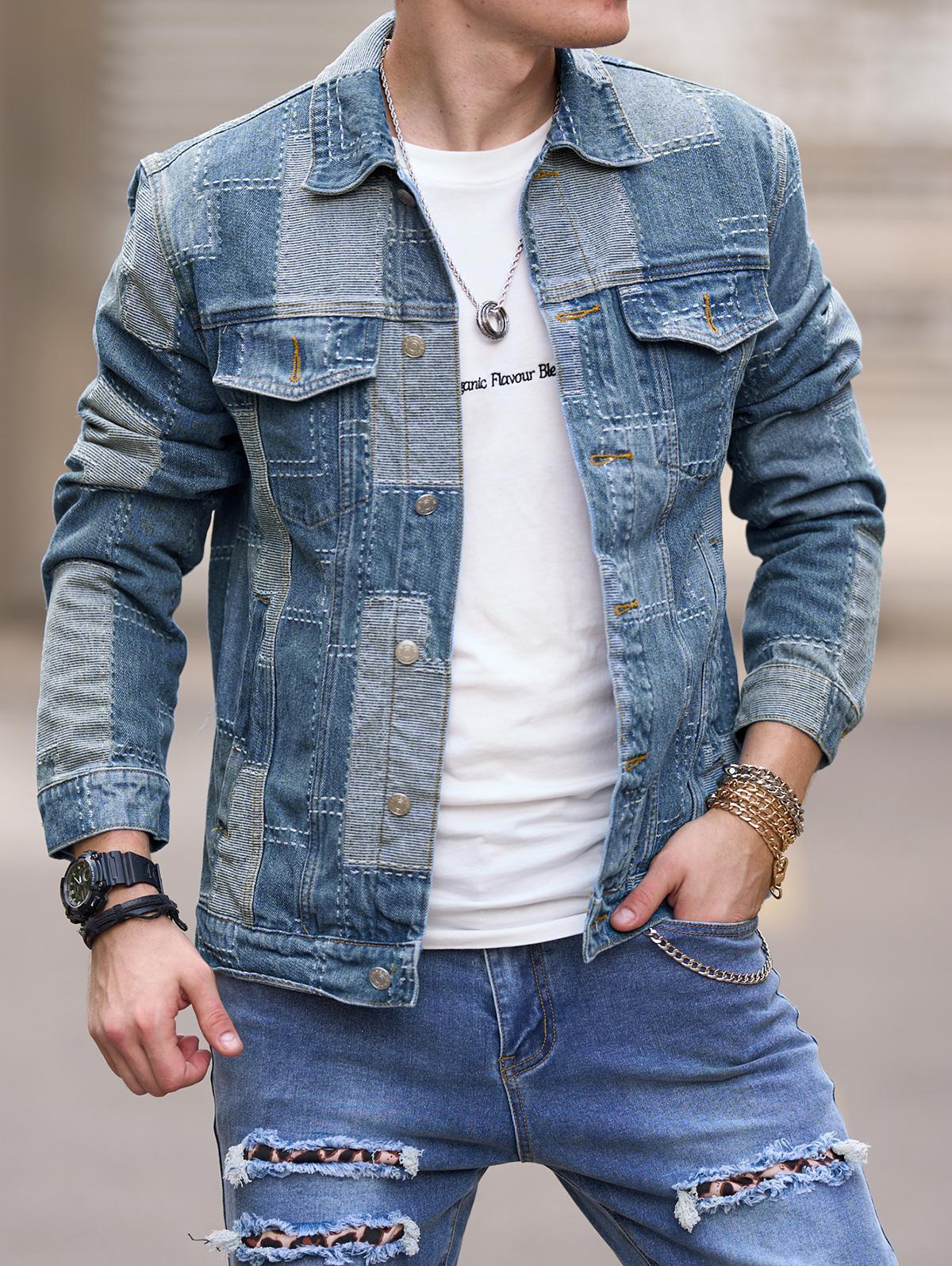 Men's Badge Patches Blue Stretch Denim Jacket Streetwear Patchwork