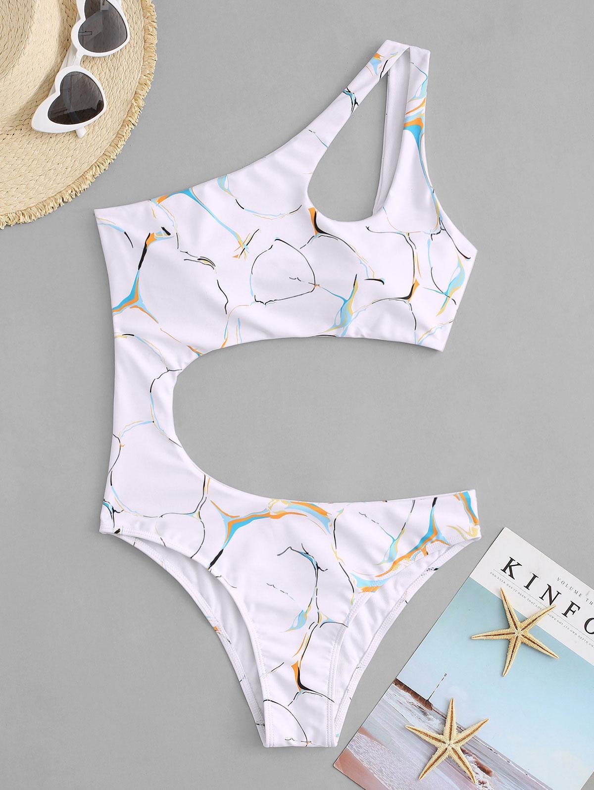 Voorbijgaand insluiten Bekwaamheid Zaful One Piece Marble Print Cutout One Shoulder One-piece Swimsuit in  White | Lyst