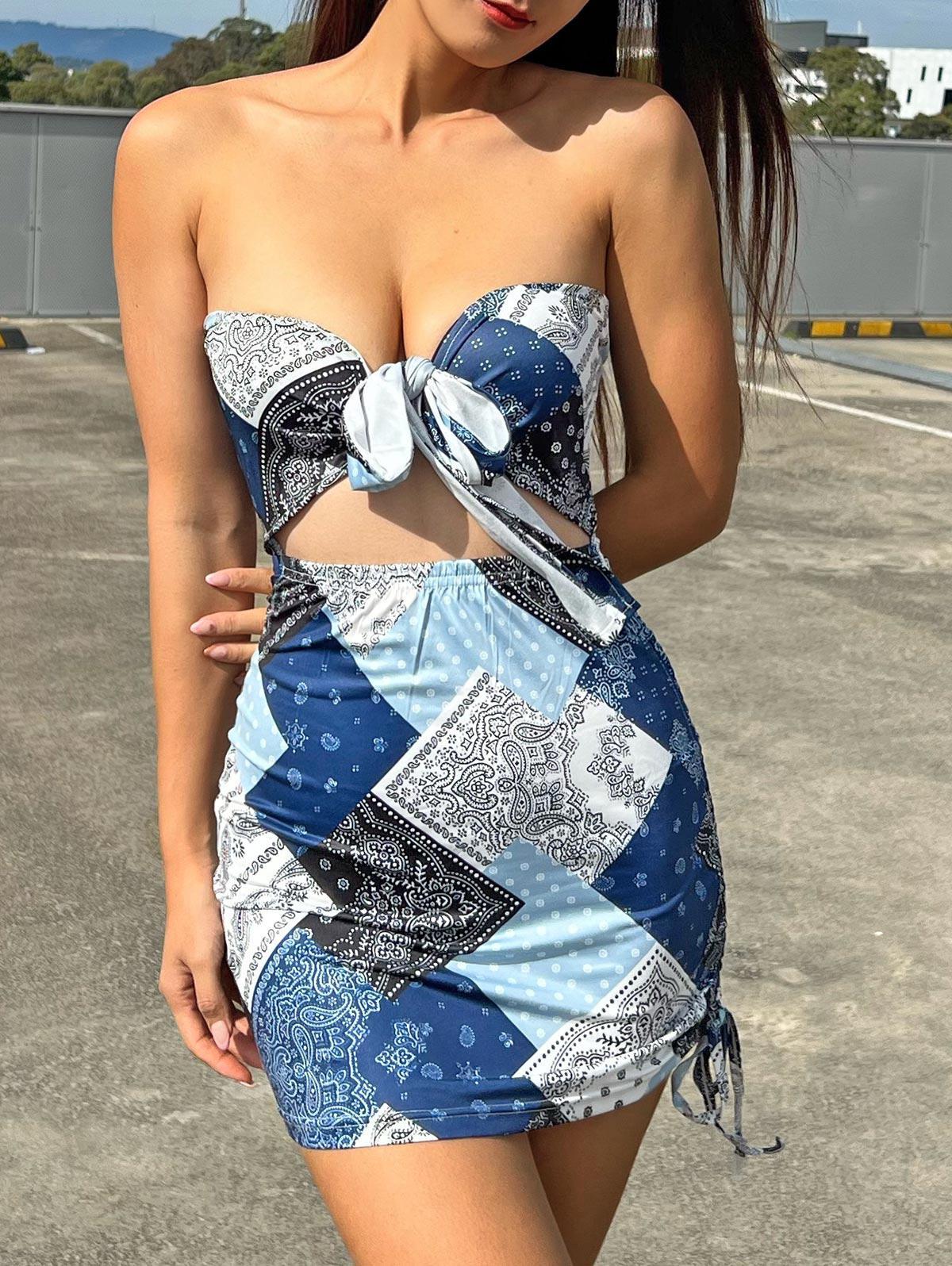 Zaful Bodycon Dress Way Patchwork Print Bowknot Cut Out Cinched Bandeau  Dress in Blue | Lyst