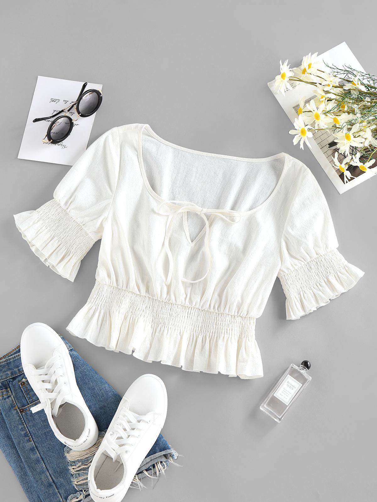 Womens Clothing Tops Blouses Zaful Denim Blouses Front Twist Broderie Anglaise Smocked Cropped Blouse in White 