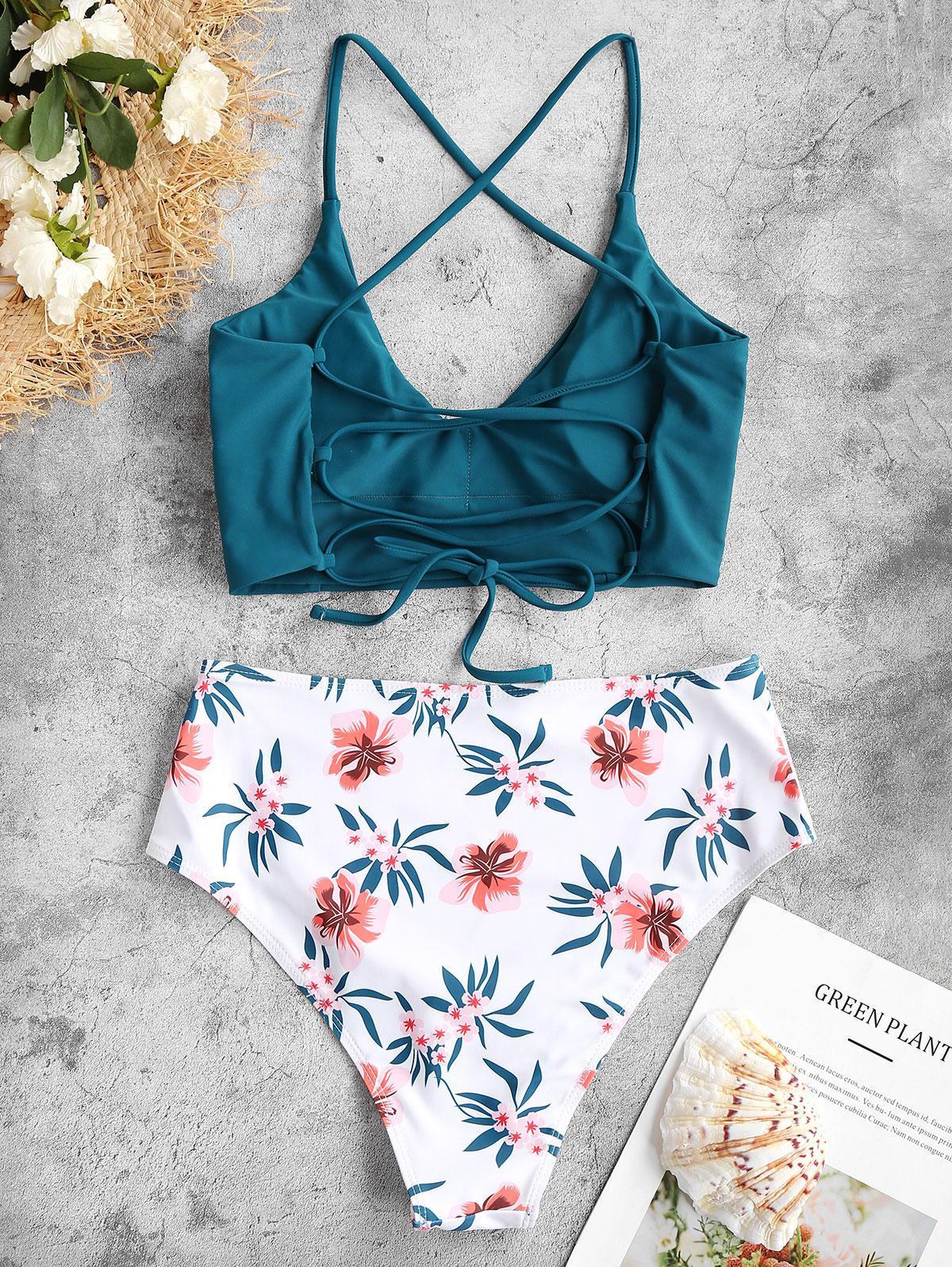 Zaful Flower Print Lace Up High Cut Tankini Swimsuit in Deep Green (Green)  | Lyst