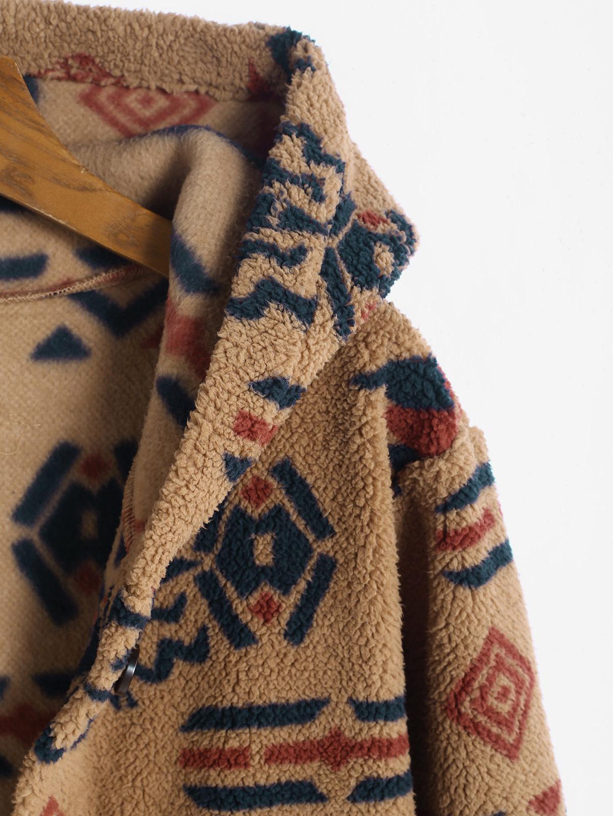 Zaful Hooded Style Pockets Long Geo Aztec Printed Fluffy Teddy Coat in  Green | Lyst