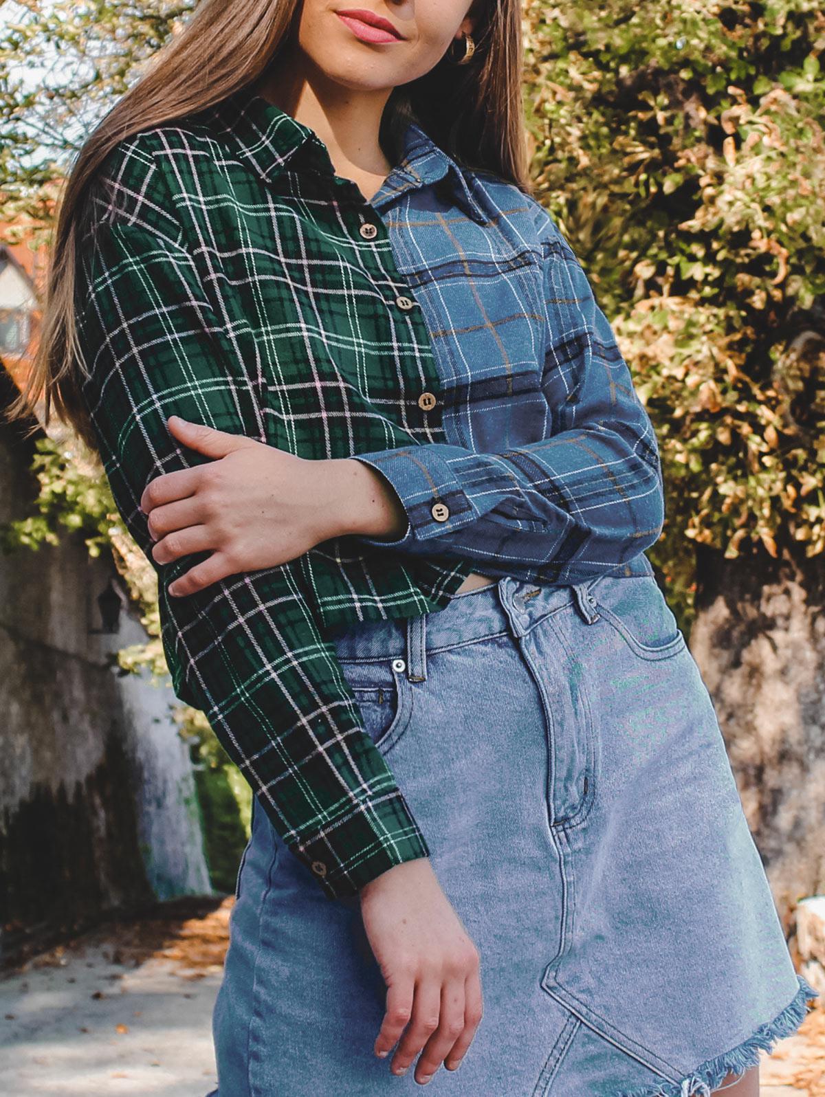 ZAFUL Women's Jackets Button Down Colour Blocking Plaid Flannel Shirt Jacket - Green - Casual Jackets