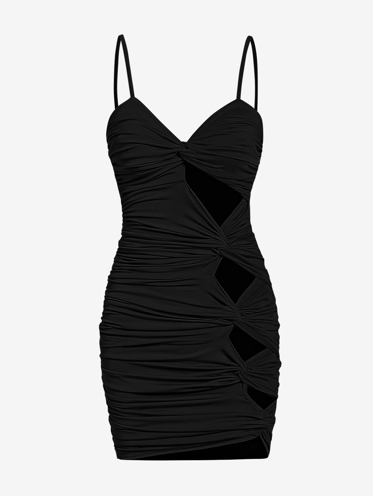 Zaful Sexy Date Night Out Club Solid Color Twisted Cut Out Ruched Design  Spaghetti Strap Slinky Cami Mini Dress in Black | Lyst