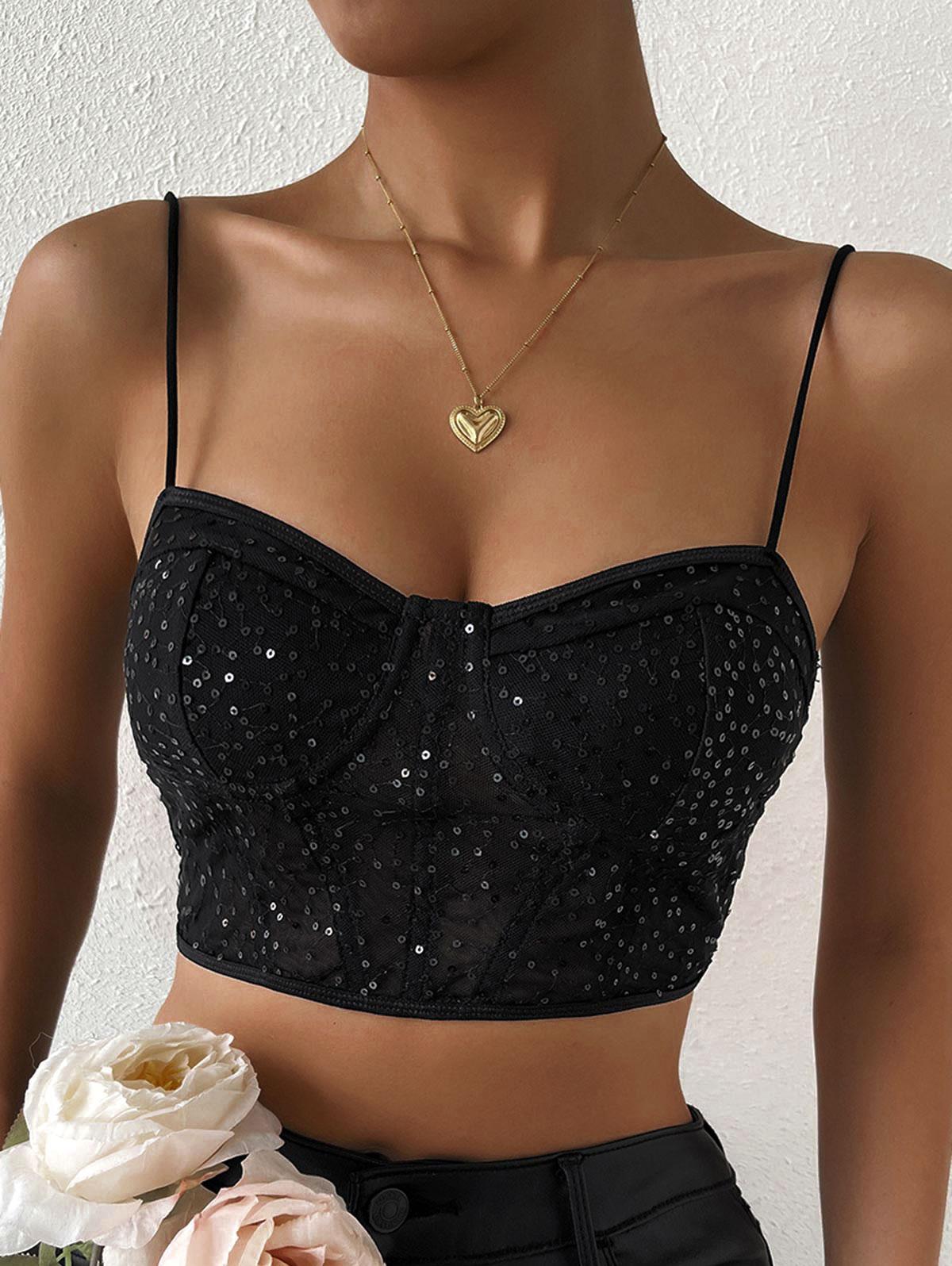 Zaful Tank Tops Lace Sequined Crop Corset Camisole Xs in Black | Lyst