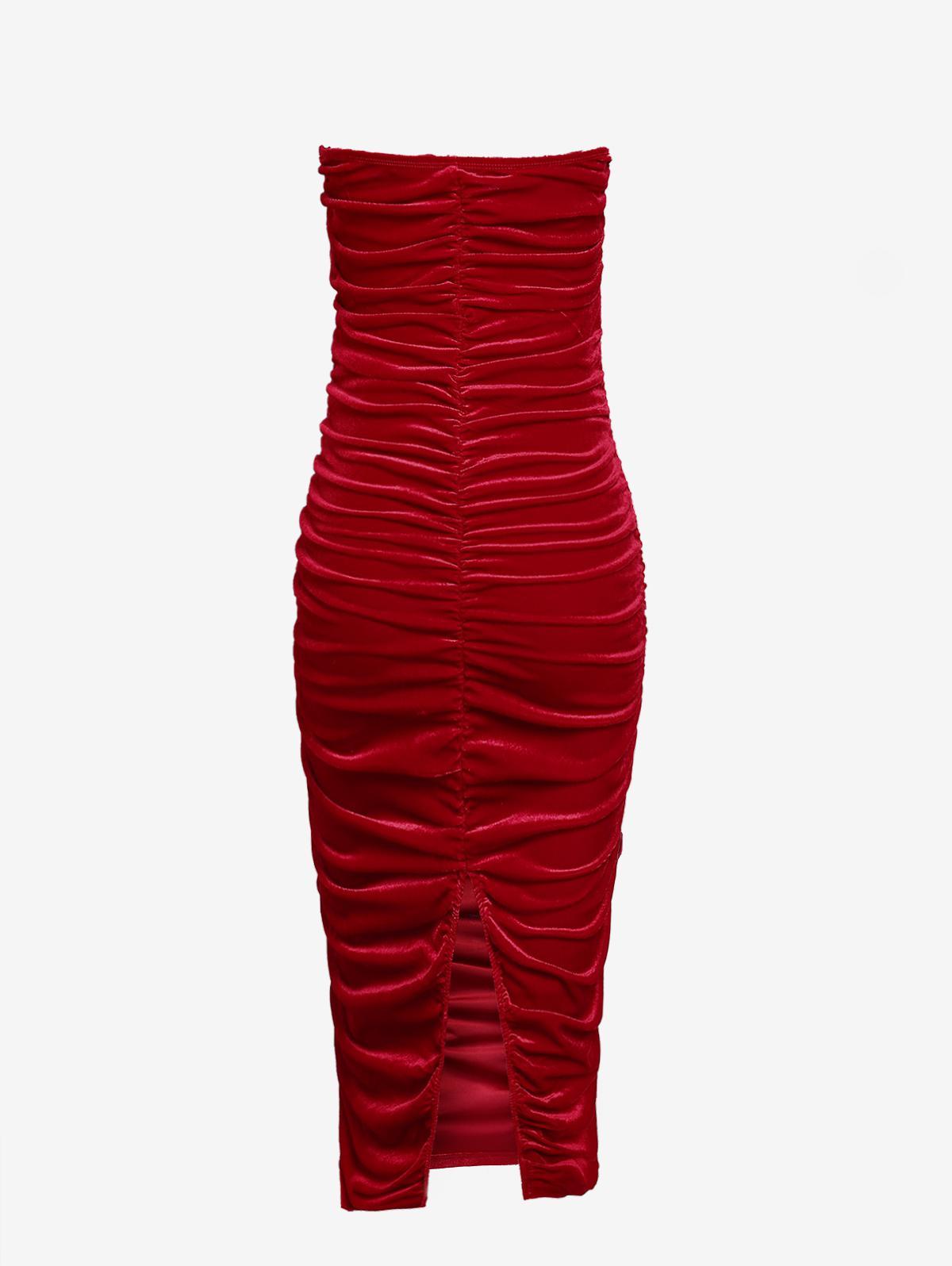 Zaful Party Club Wedding Guest Backless Slit High Waist Ruched Solid Color  Velour Mini Slinky Tube Dress in Red | Lyst