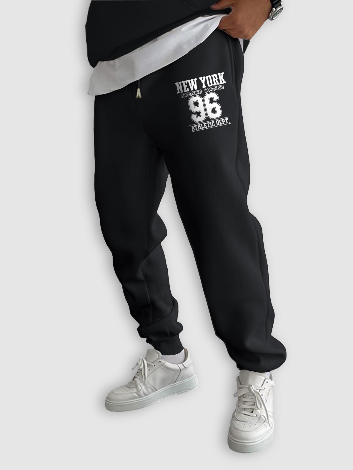 Men's Casual Simple Style BROOKLYN NEW YORK Letter Printed Fleece-lined  Beam Feet Drawstring Jogger Pants In BLACK