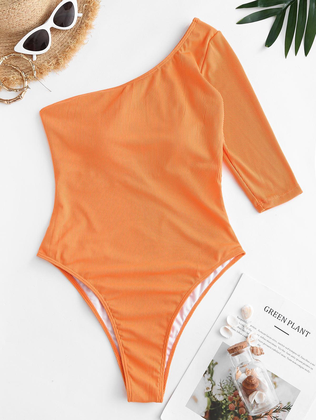 Zaful One Piece One Shoulder Back Cutout Ribbed One-piece Swimsuit Tummy  Control Swimwear in Orange | Lyst