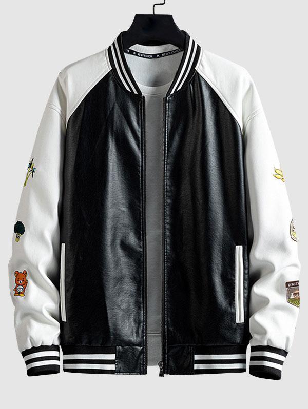 Zaful Colorblock Embroidery Faux Leather Zip Baseball Varsity Jacket in  Black for Men | Lyst