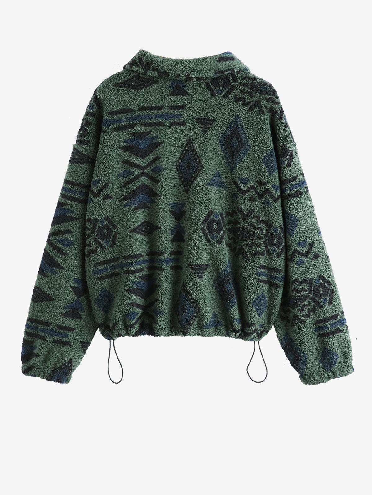 Zaful Drop Shoulder Aztec Geo Print Quarter Zip Toggle Drawstring Fluffy  Teddy Sweatshirt in Green | Lyst