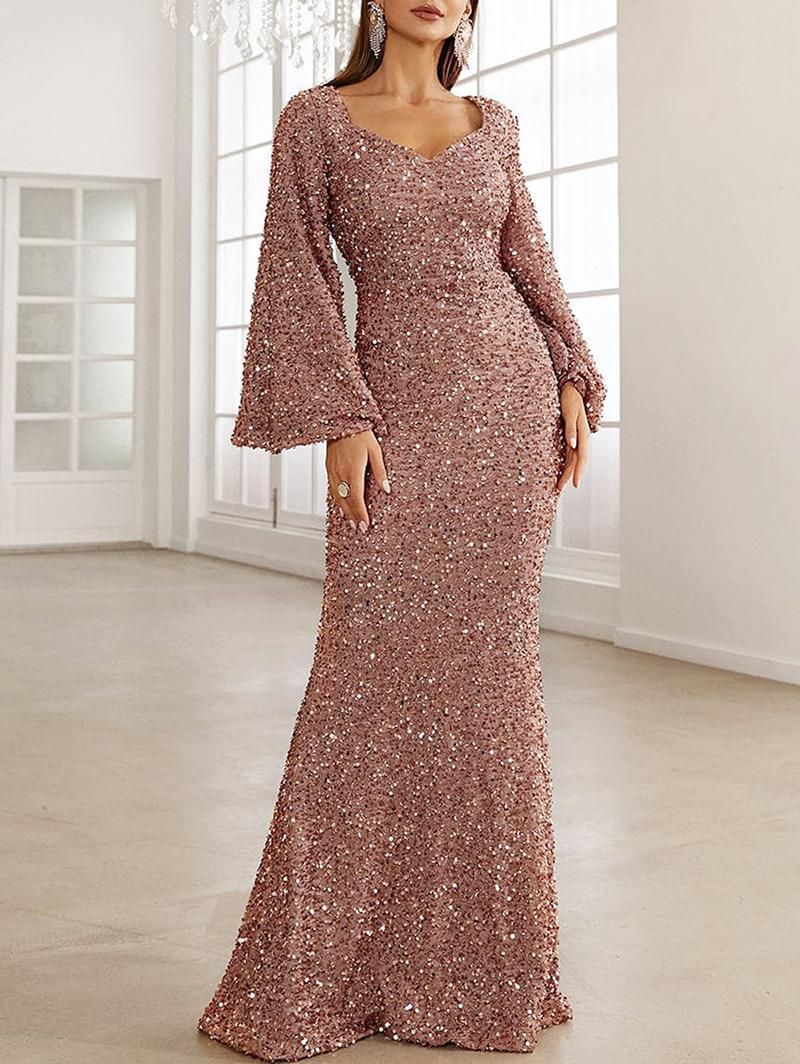 Zaful Sweetheart Neck Sequined Long Flare Sleeve Party Prom Evening Gown  Mermaid Maxi Dress in Brown | Lyst