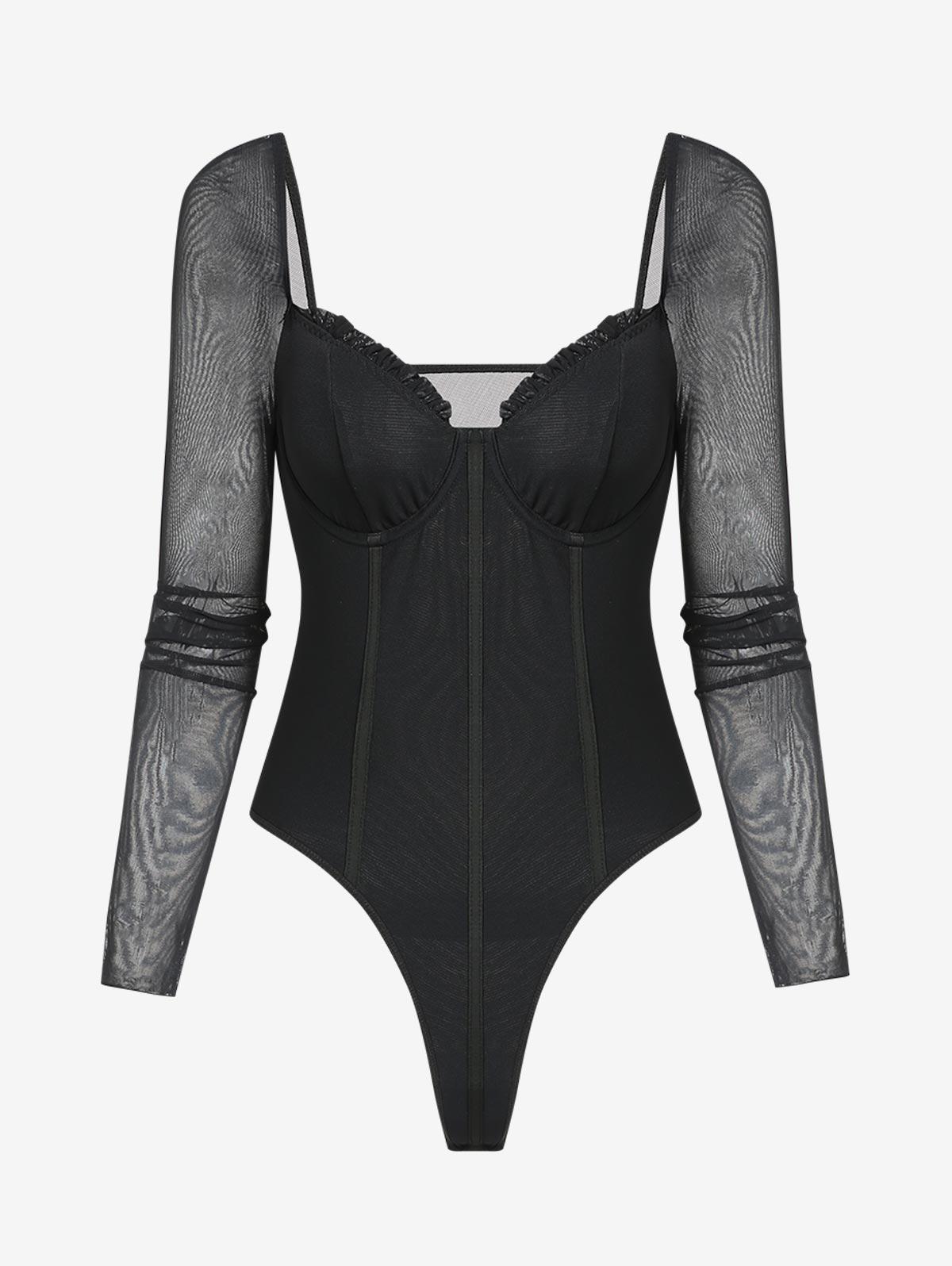 Zaful Sexy Sheer See Through Mesh Long Sleeves Underwire Ruffles Corset  Style High Leg Bodysuit in Black | Lyst