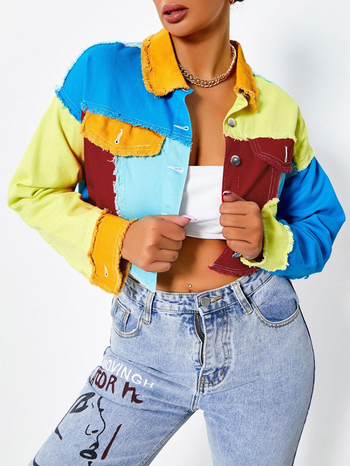 Zaful Frayed Colorblock Cropped Denim Jacket Xs Multi A in Blue | Lyst