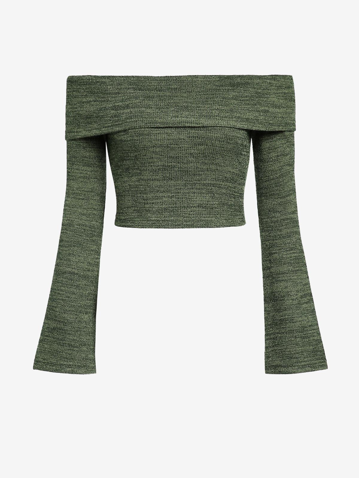 Zaful Sexy Going Out Off Shoulder Foldover Heathered Flare Long Sleeves  Slim Fit Crop Jersey T Shirt in Green | Lyst UK