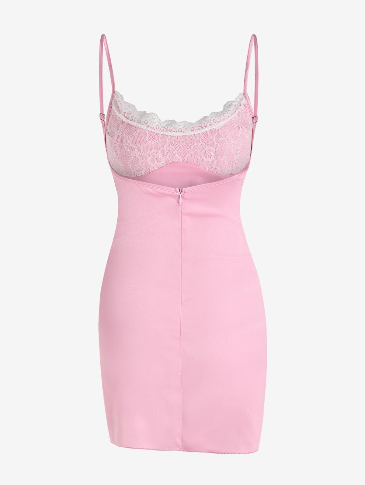 Zaful Mini Dress Lace Panel Underbust Detail Satin Cami Slip Mini Dress in  Pink | Lyst