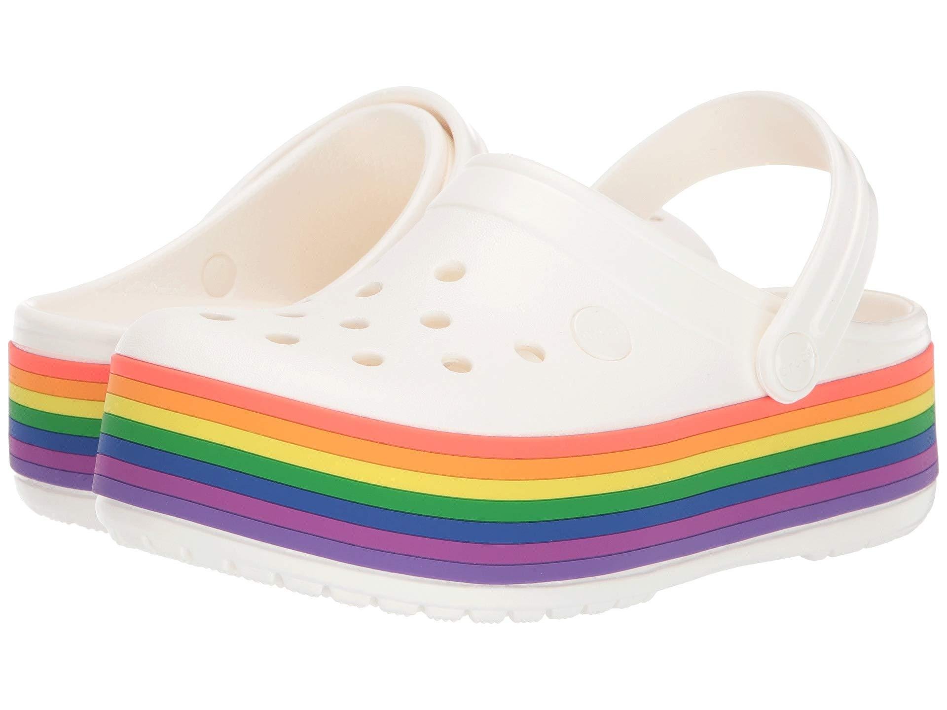 white crocs with rainbow strap