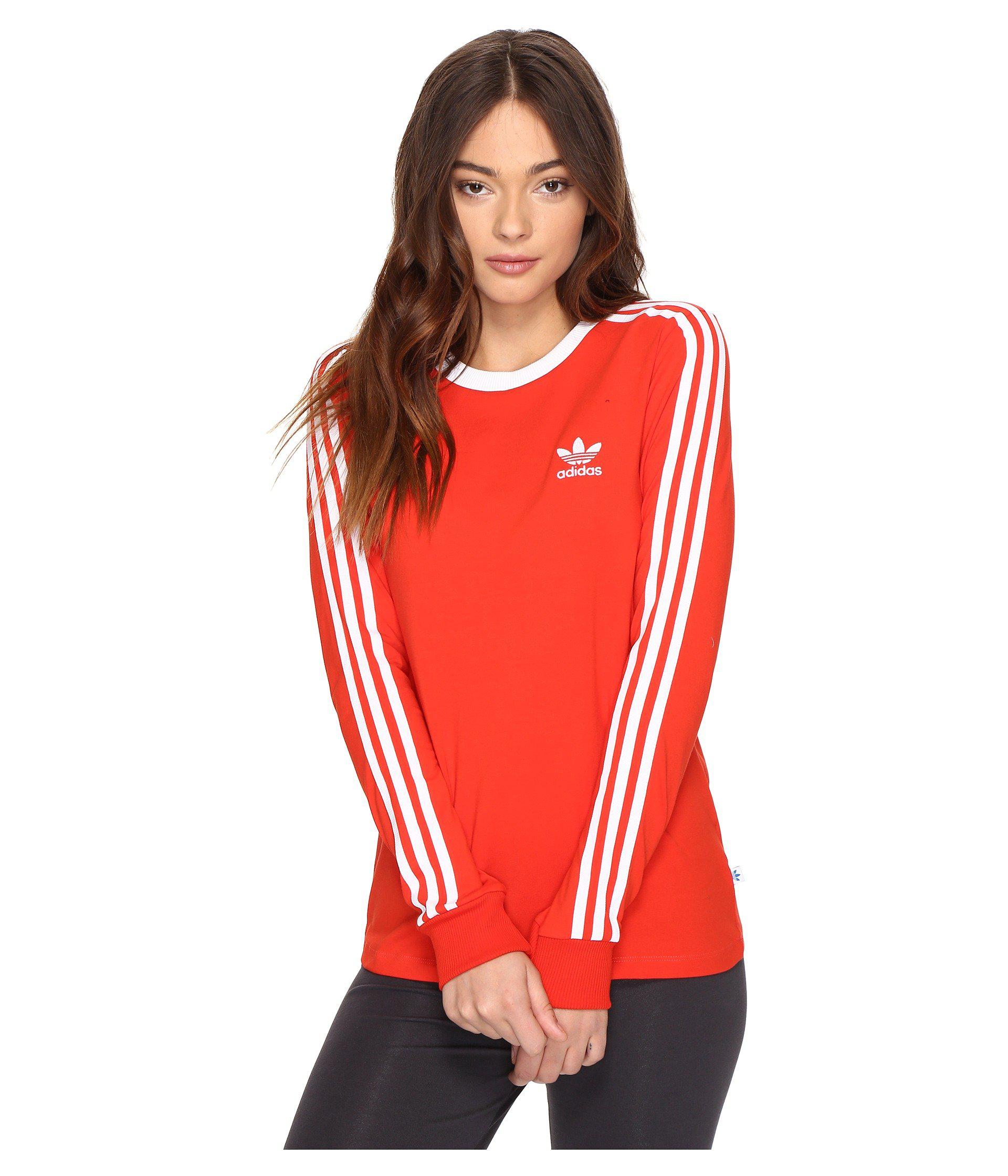 adidas Originals Cotton 3-stripes Long Sleeve Tee in Red - Lyst