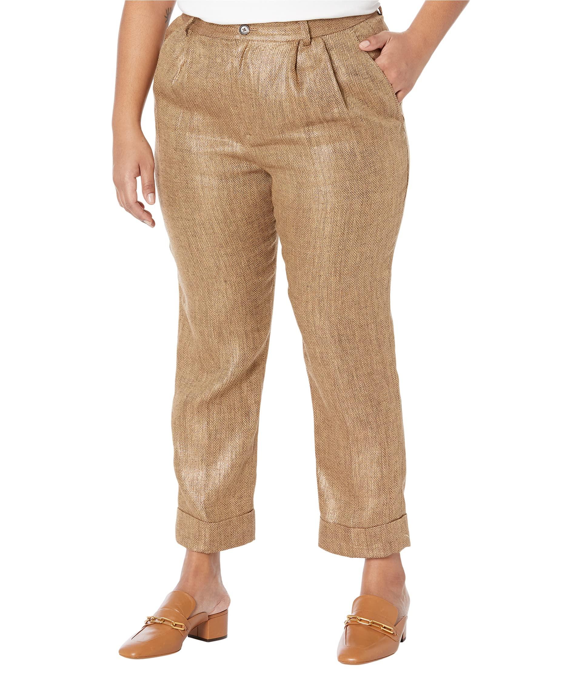 Lauren by Ralph Lauren Metallic Pleated Herringbone Pants in Natural Lyst