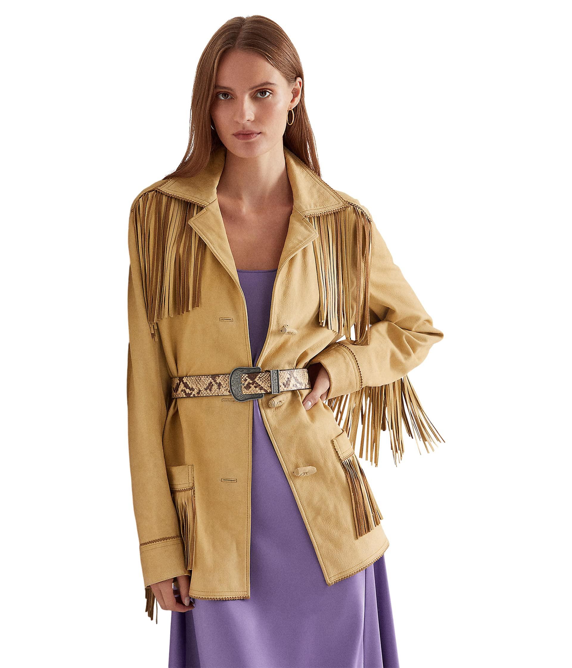 Lauren by Ralph Lauren Fringetrim Nubuck Coat in Natural Lyst
