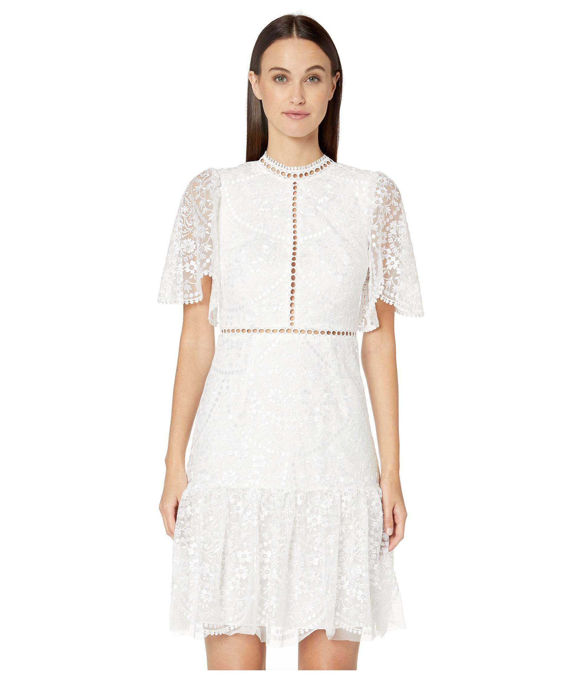 ML Monique Lhuillier Lace Floral Embroidered Mesh Short Sleeve Dress in White - Lyst