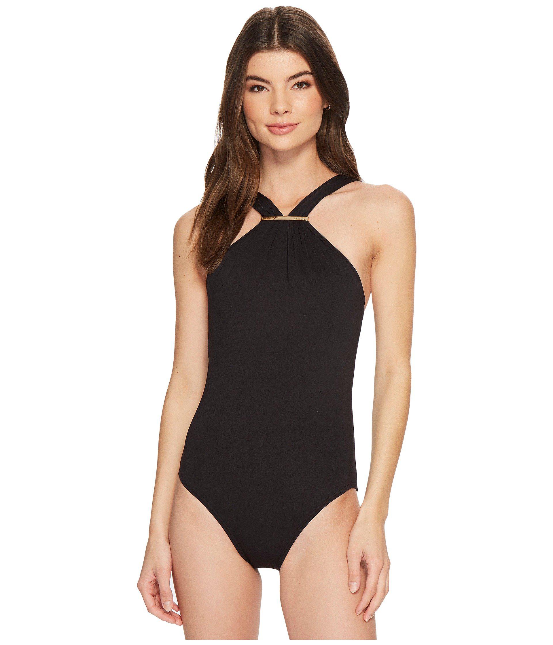 MICHAEL Michael Kors Iconic Solids Logo Bar High Neck One-piece Swimsuit W/  Removable Soft Cups in Black | Lyst