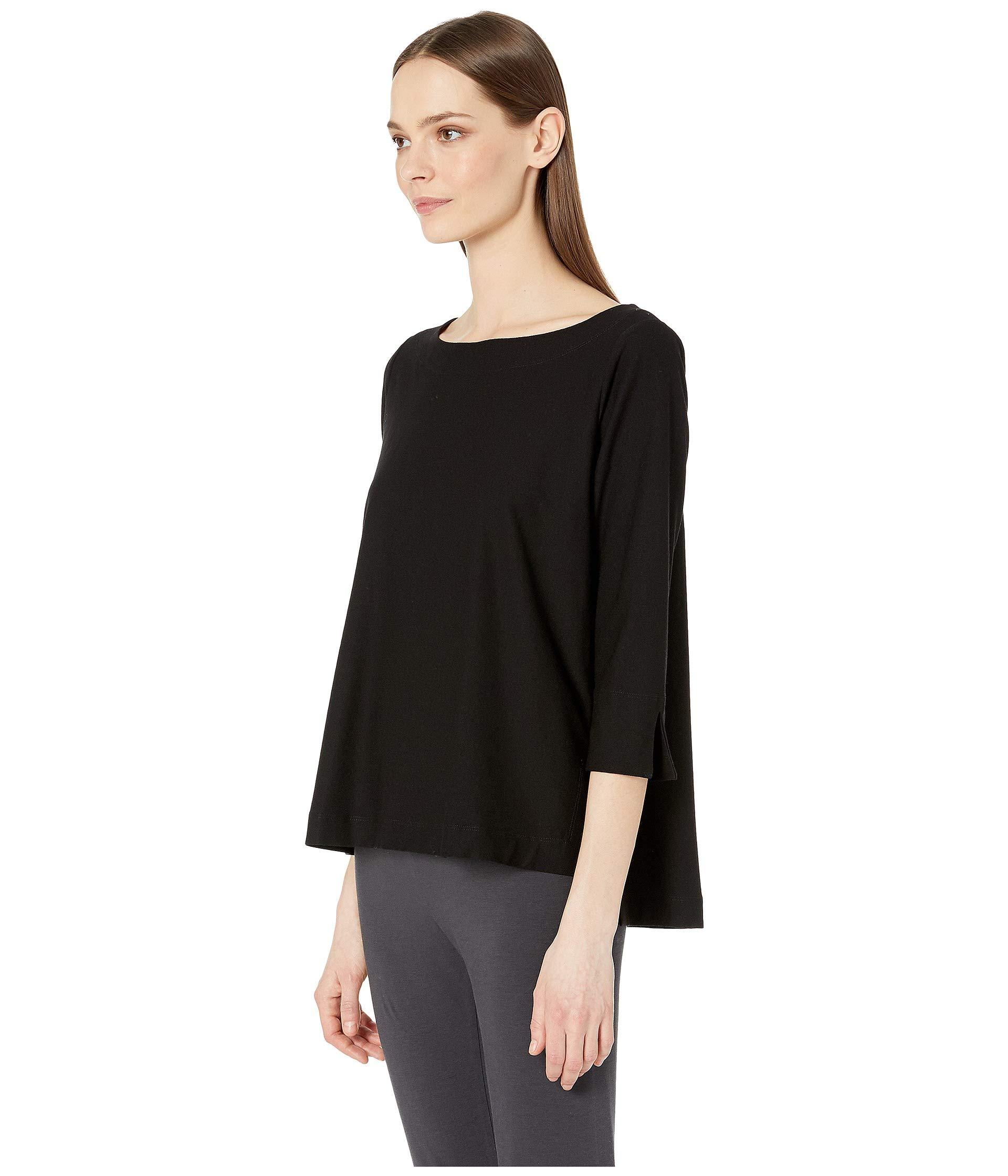 Eileen Fisher Synthetic Lightweight Washable Stretch Crepe Ballet Neck 3/4 Sleeve Top in Black