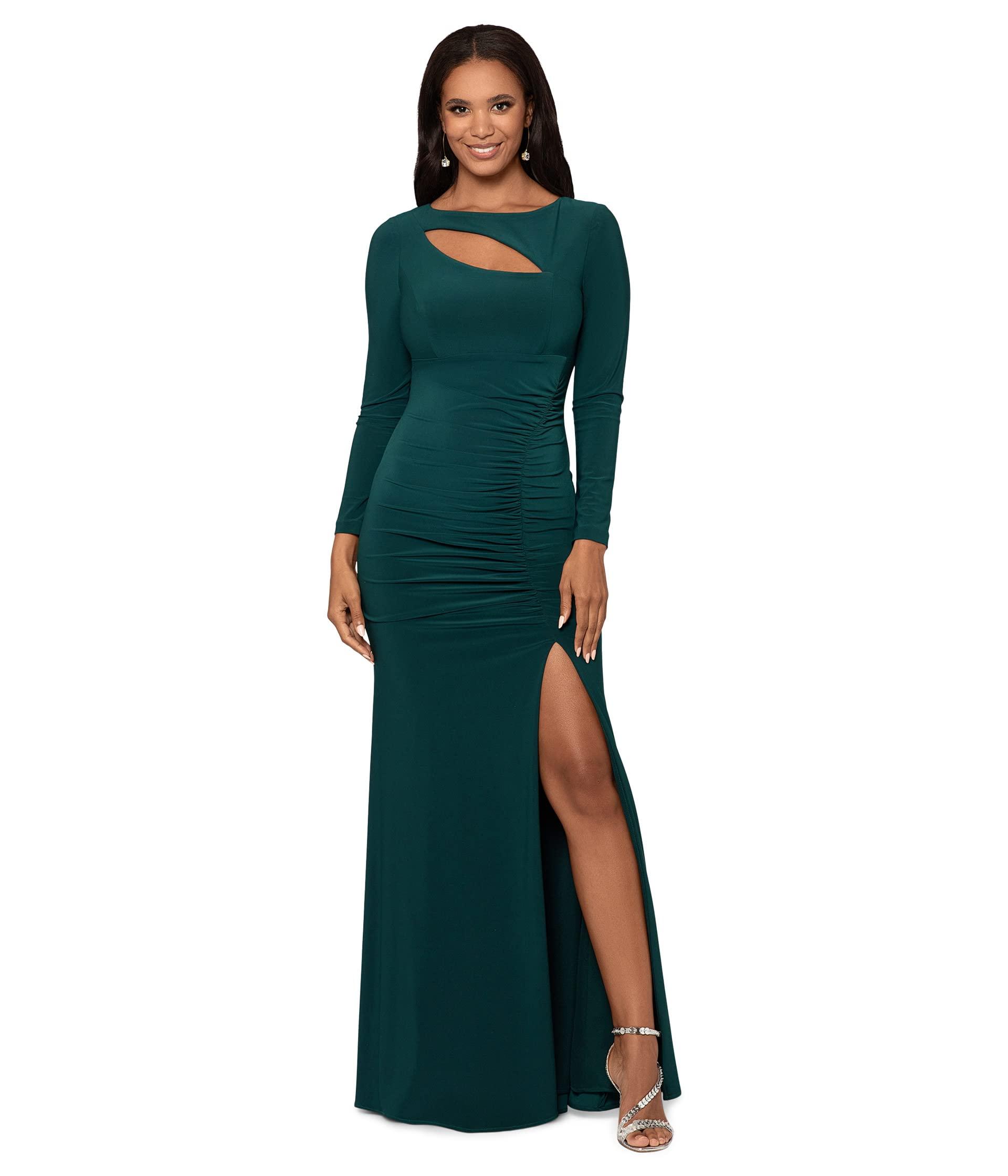 Xscape Long Ruched Dress With Cutouts in Green | Lyst