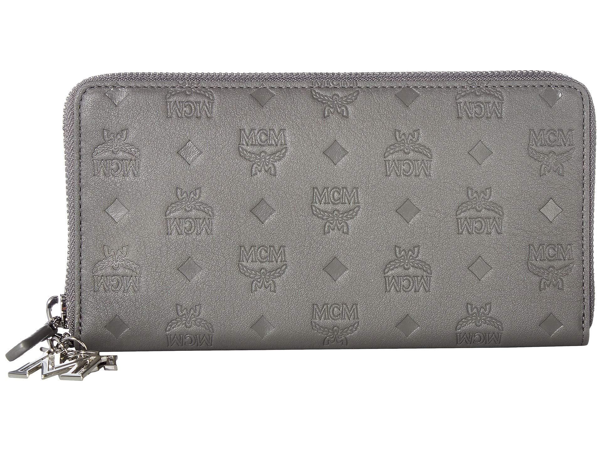 MCM Klara Monogrammed Leather Charm Zipped Wallet Large in Gray | Lyst