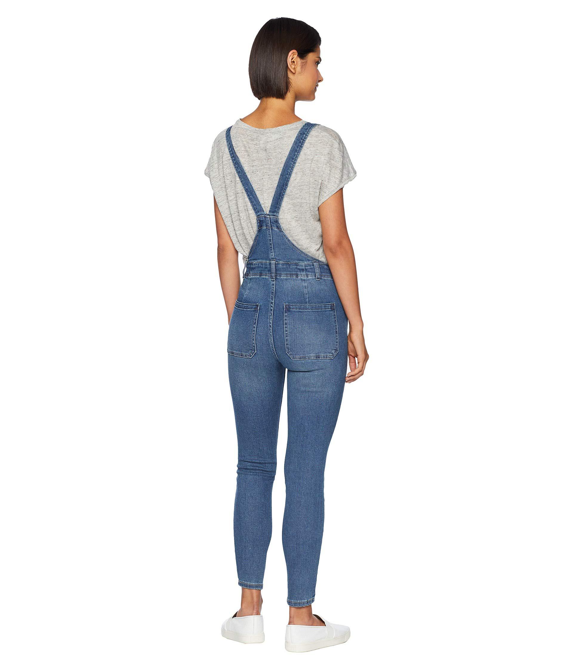 free people slim ankle denim overalls