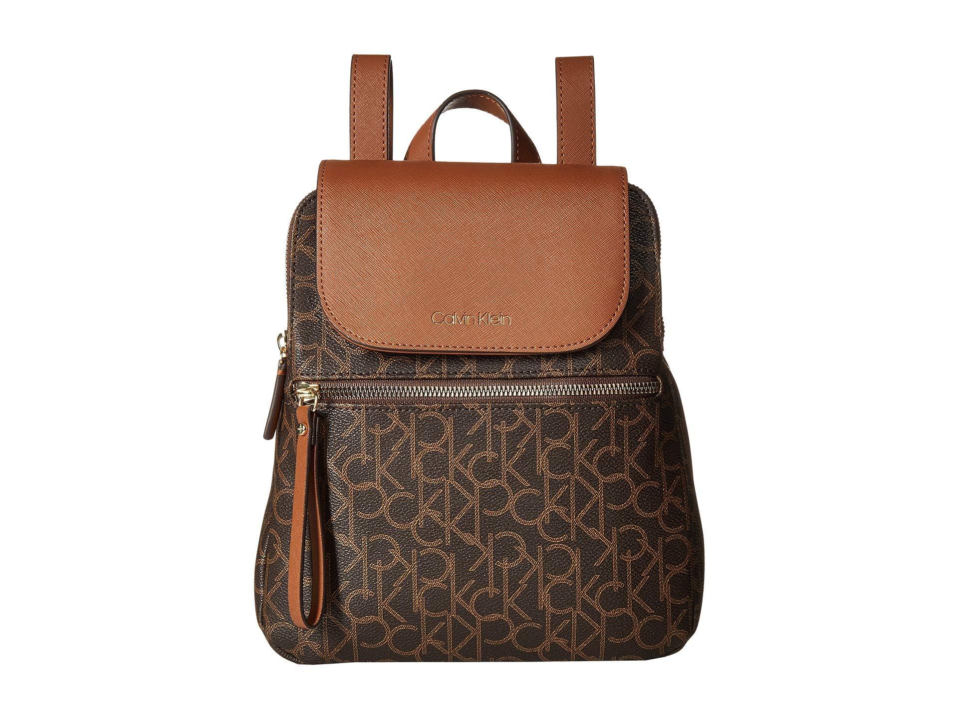 Calvin Klein Womens Elaine Signature Key Item Flap Backpack in Brown | Lyst