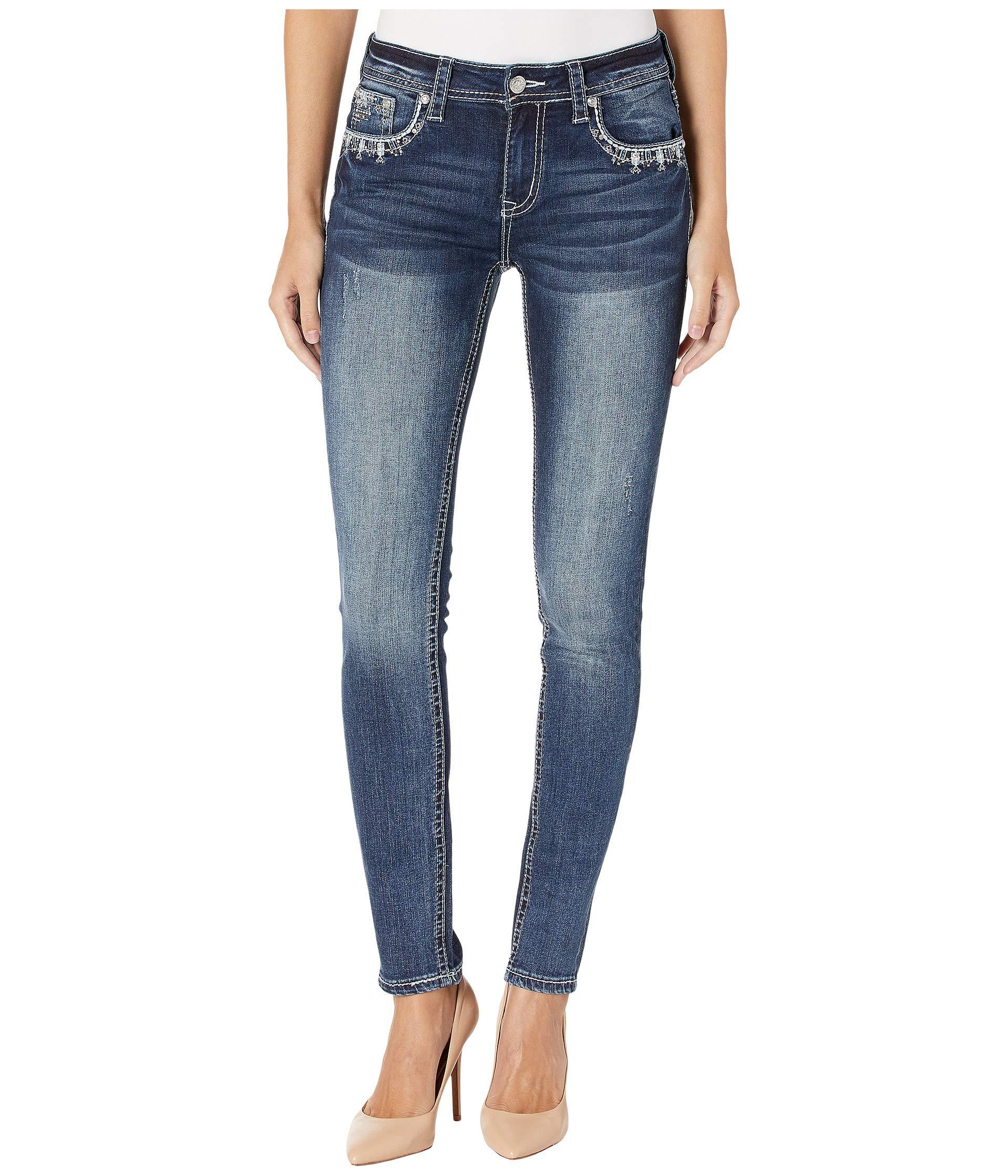 Grace In La Denim Mid-rise Skinny Aztec Jeans With Leather In Dark Blue ...