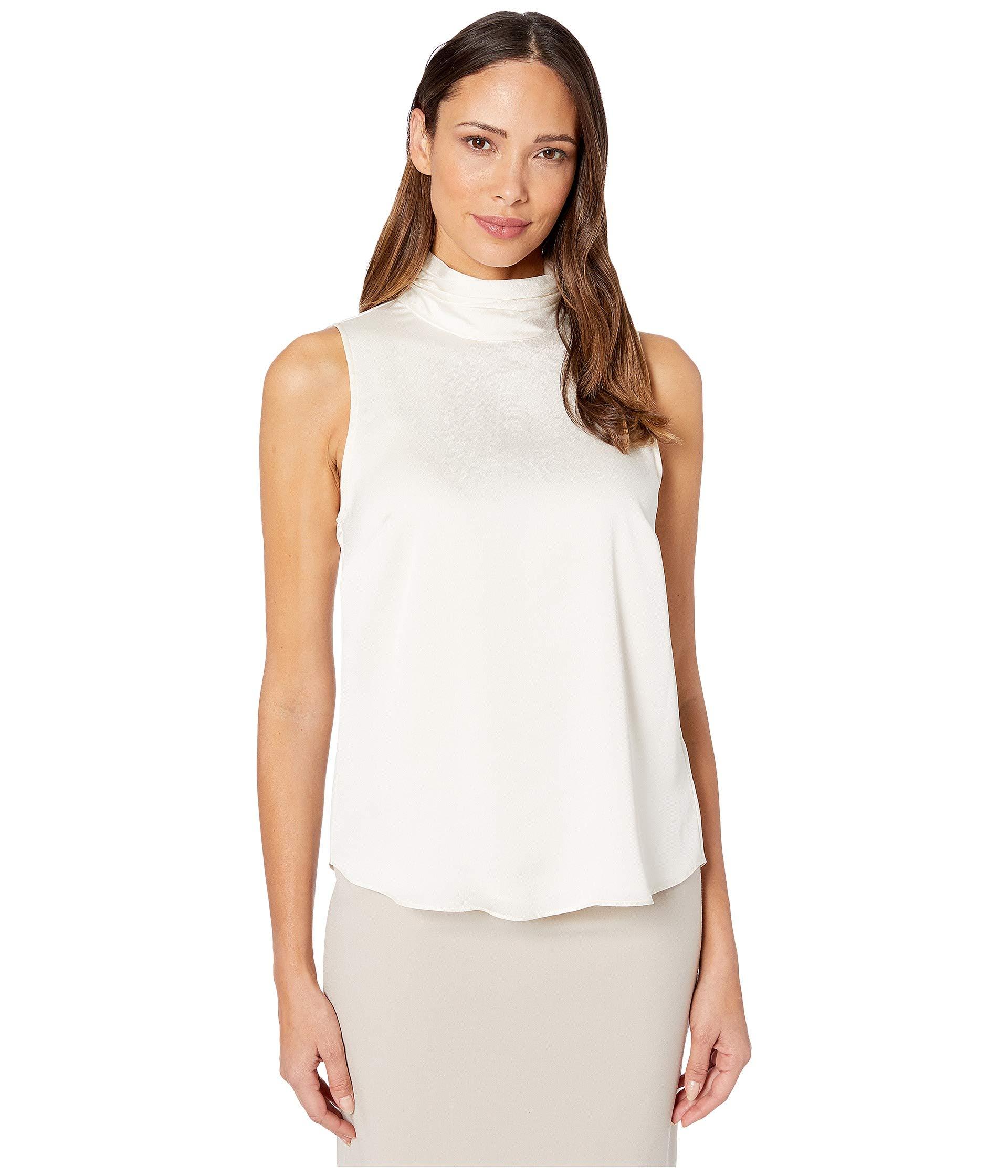 Download Vince Camuto Sleeveless Mock Neck Hammer Satin Blouse in Taupe (White) - Lyst