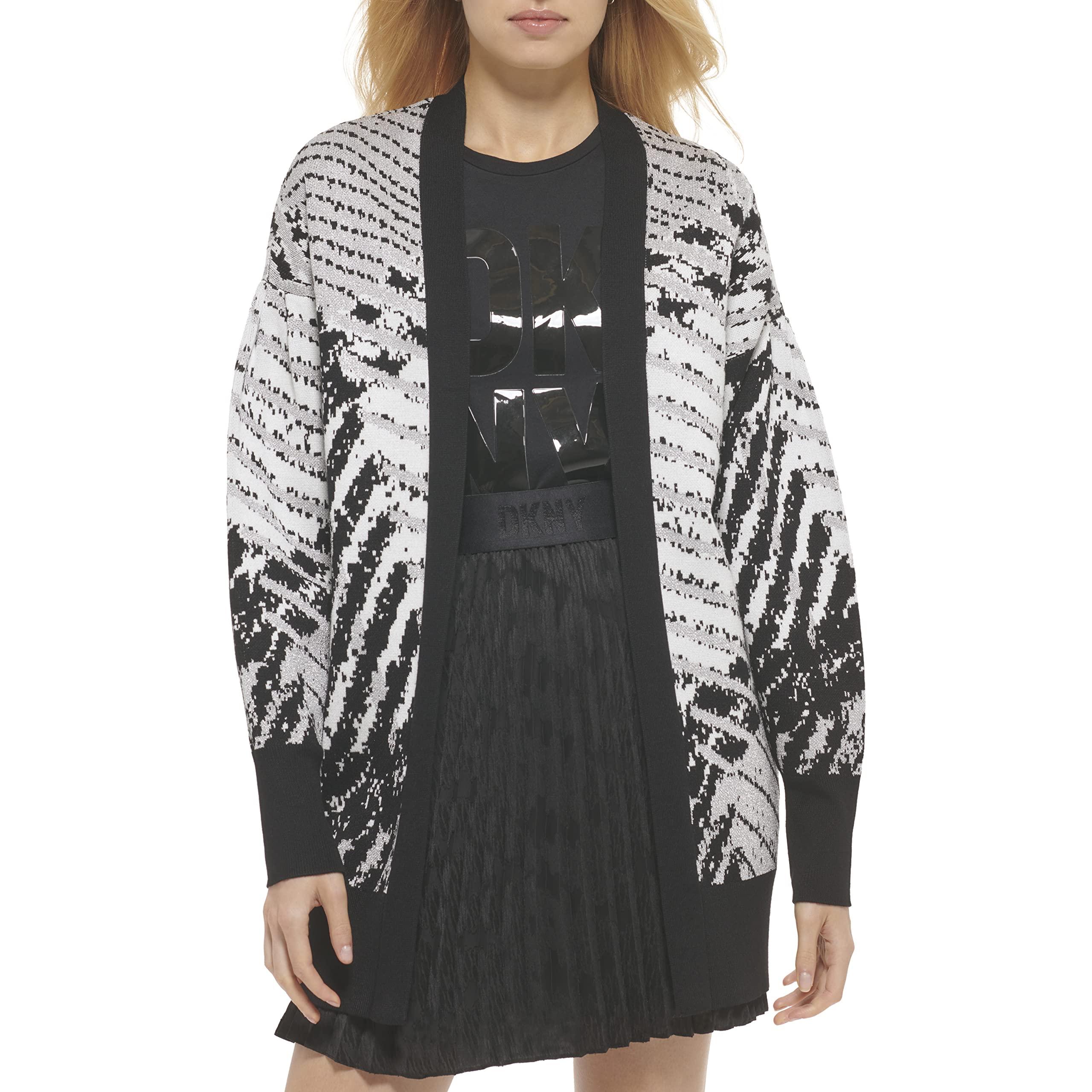 DKNY Long Sleeve Open Front Plaid Jacquard Lurex Cardigan in Black | Lyst