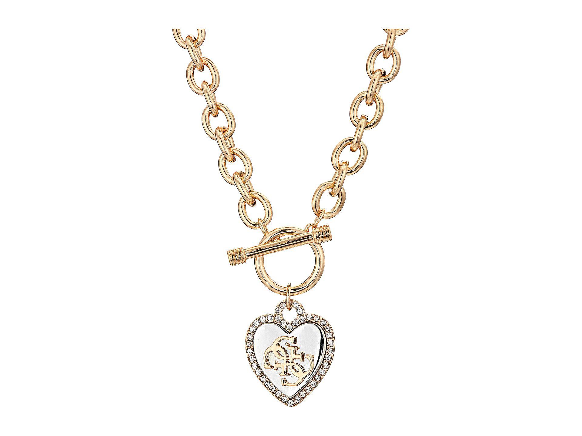 Guess Pave Framed Heart Toggle Necklace With 4 G Logo (silver/gold ...