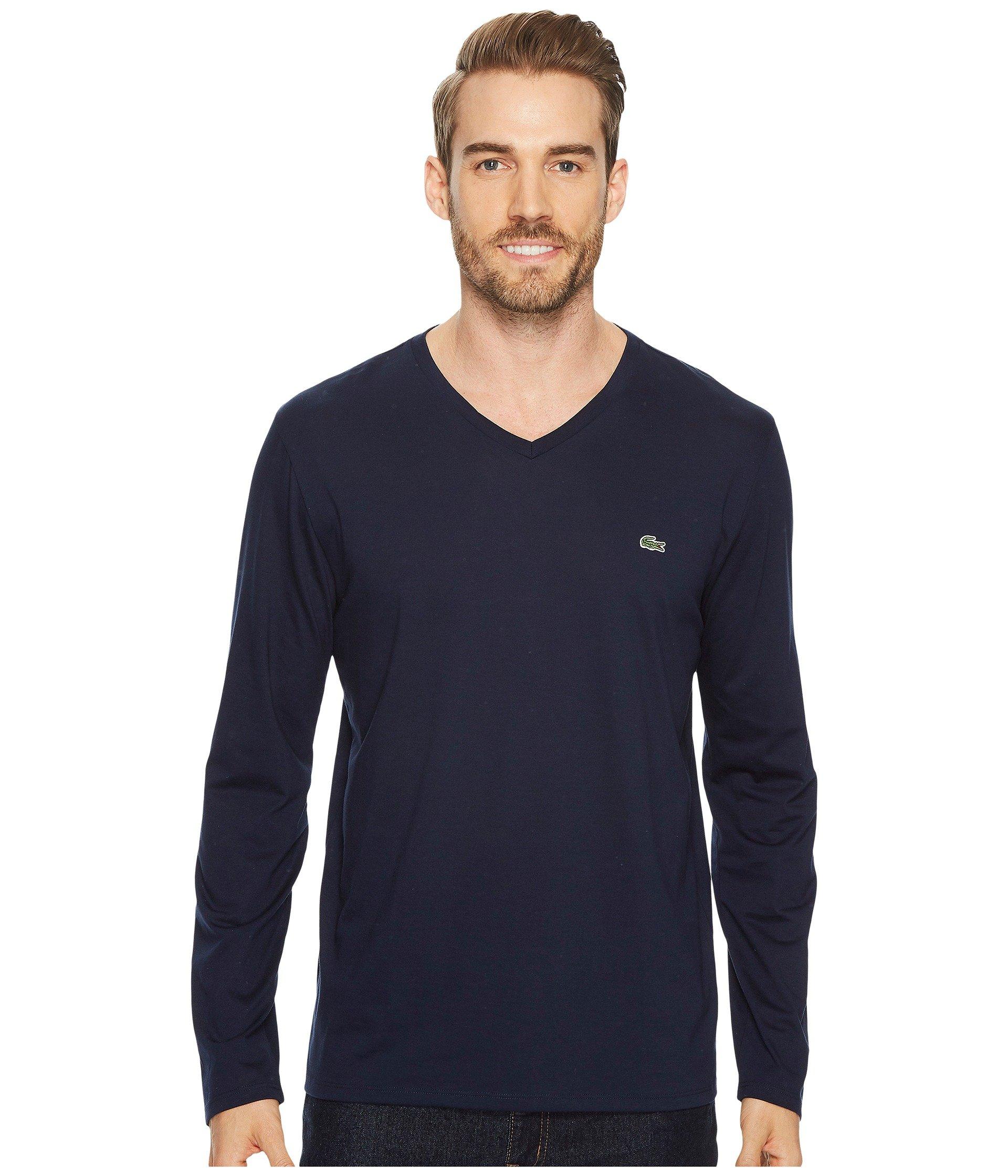 Lacoste Cotton Long Sleeve Pima Jersey V-neck T-shirt in Navy (Blue ...