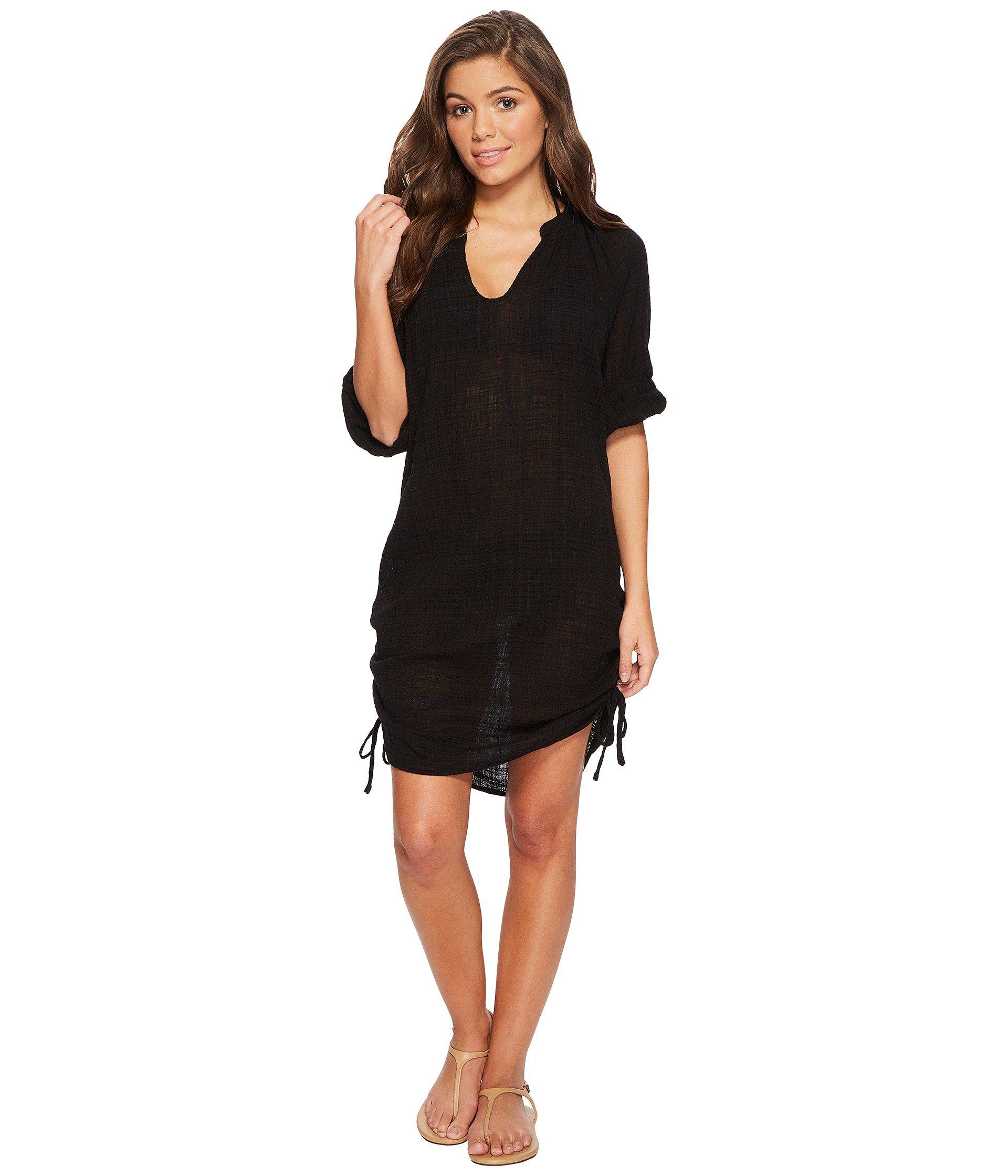 Seafolly Cotton Bali Hai Textured Gauze Beach Shirt Coverup in Black