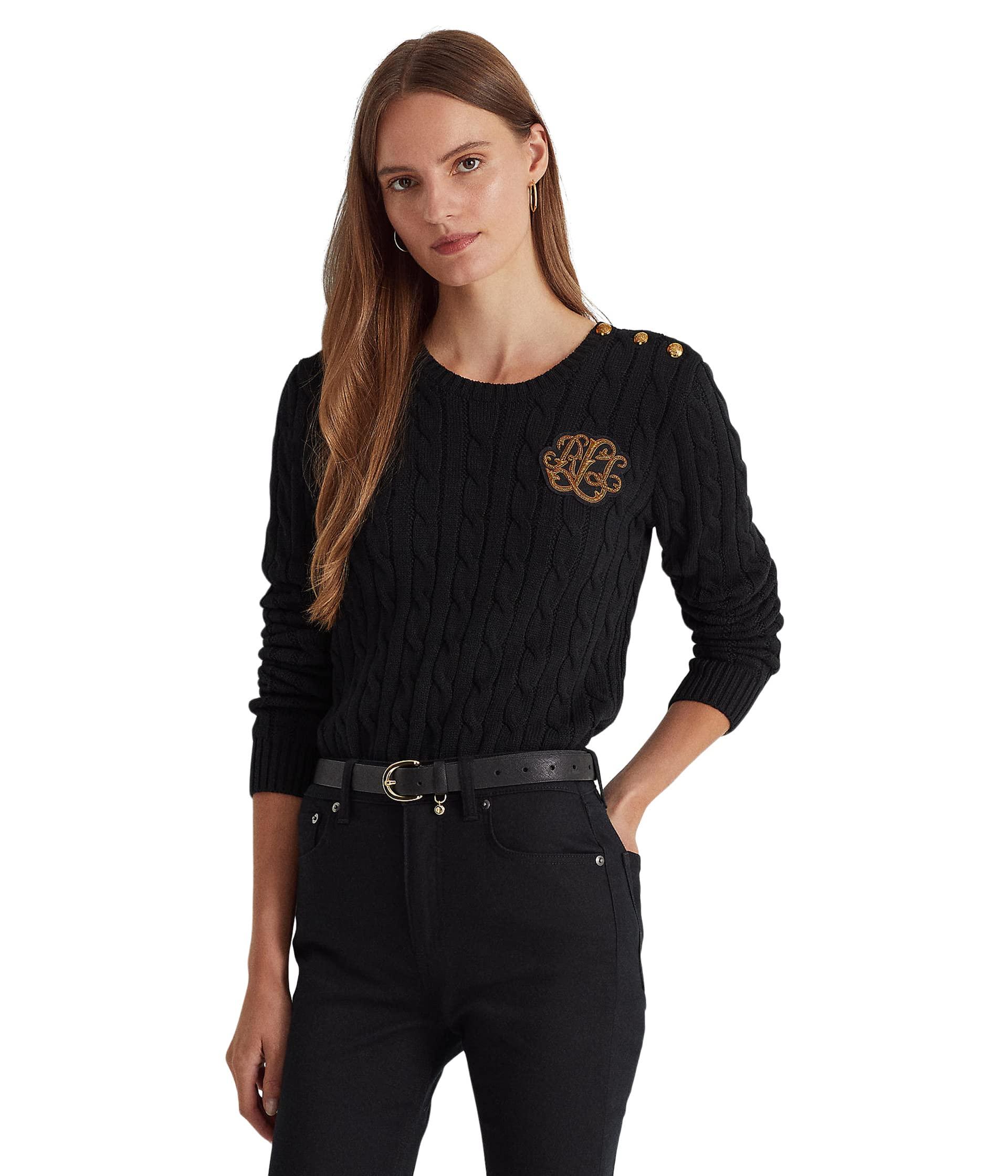 Lauren by Ralph Lauren Petite Button Trim Cable Knit Sweater in Black | Lyst