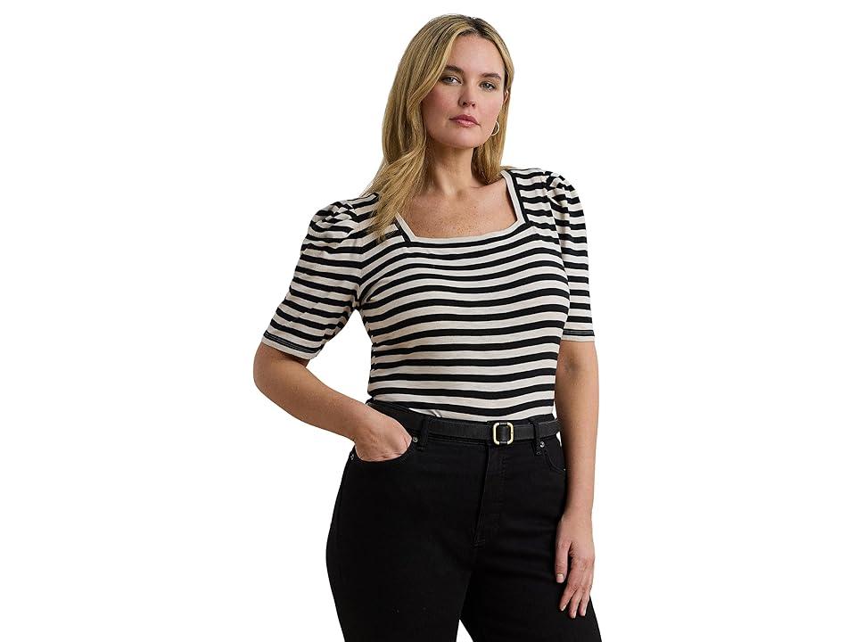 売れ筋商品|||ラルフローレン カットソー トップス レディース Plus Size Striped Cotton Jersey Puff-Sleeve Tee Aqua Pearl Mascarpone Cream Ralph Lauren Plus Size Striped Cotton Jersey Puff-Sleeve T