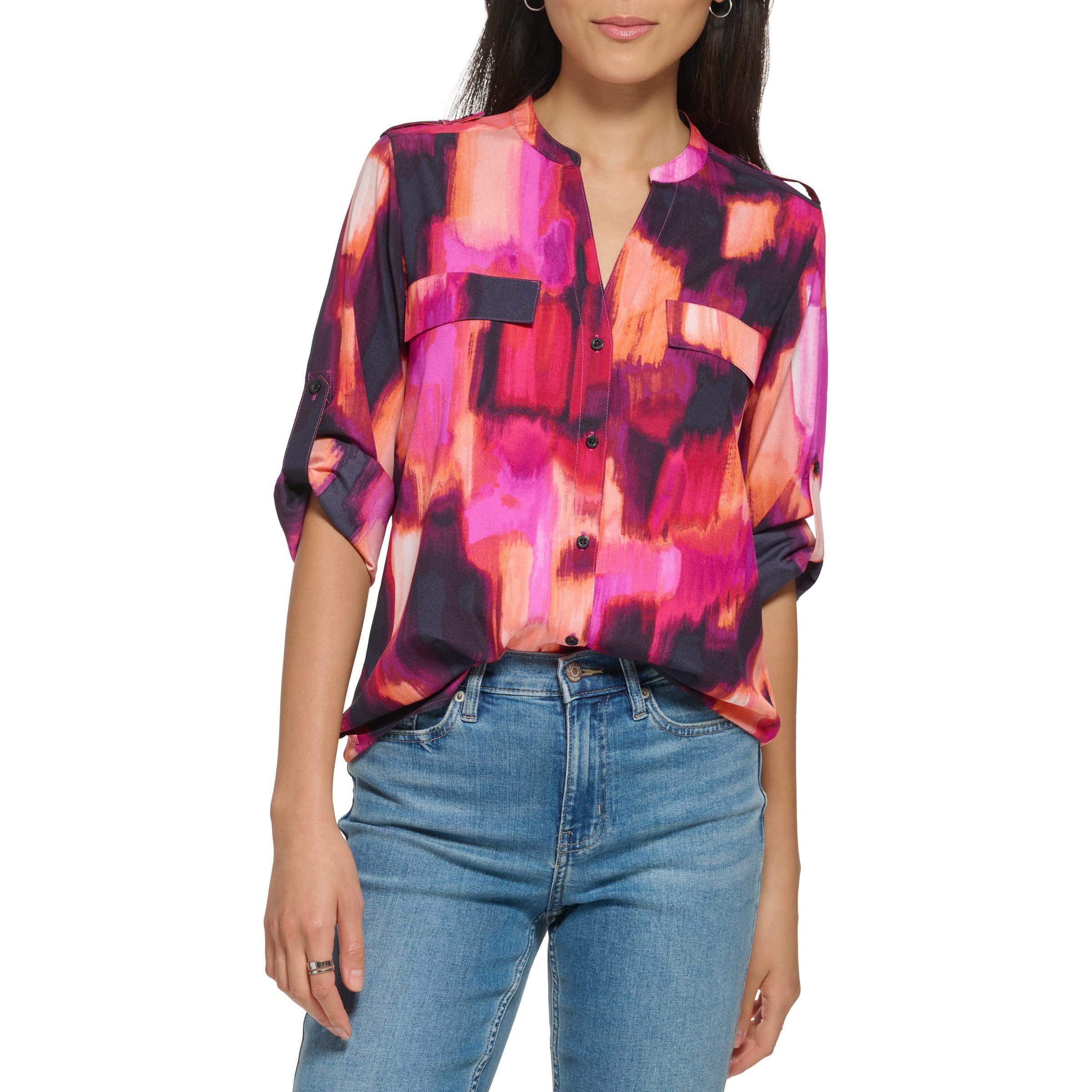 Calvin Klein Roll Tab Poly Cdc Flowy Long Sleeve Blouse in Red Lyst