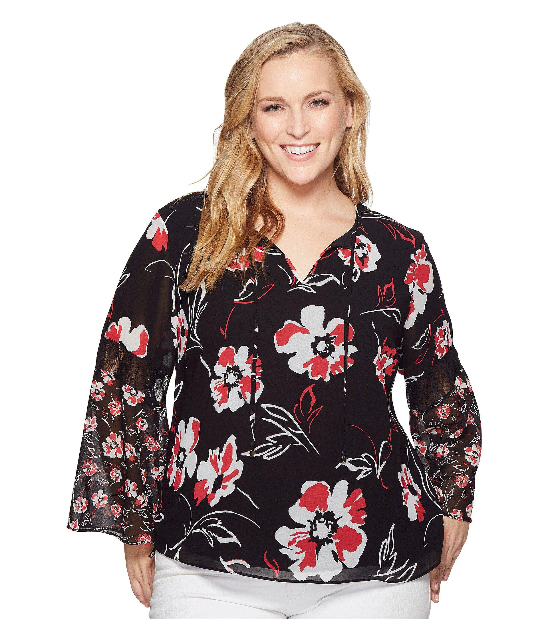 Calvin Klein Plus Size Print Long Sleeve Flare Blouse With Lace (black ...