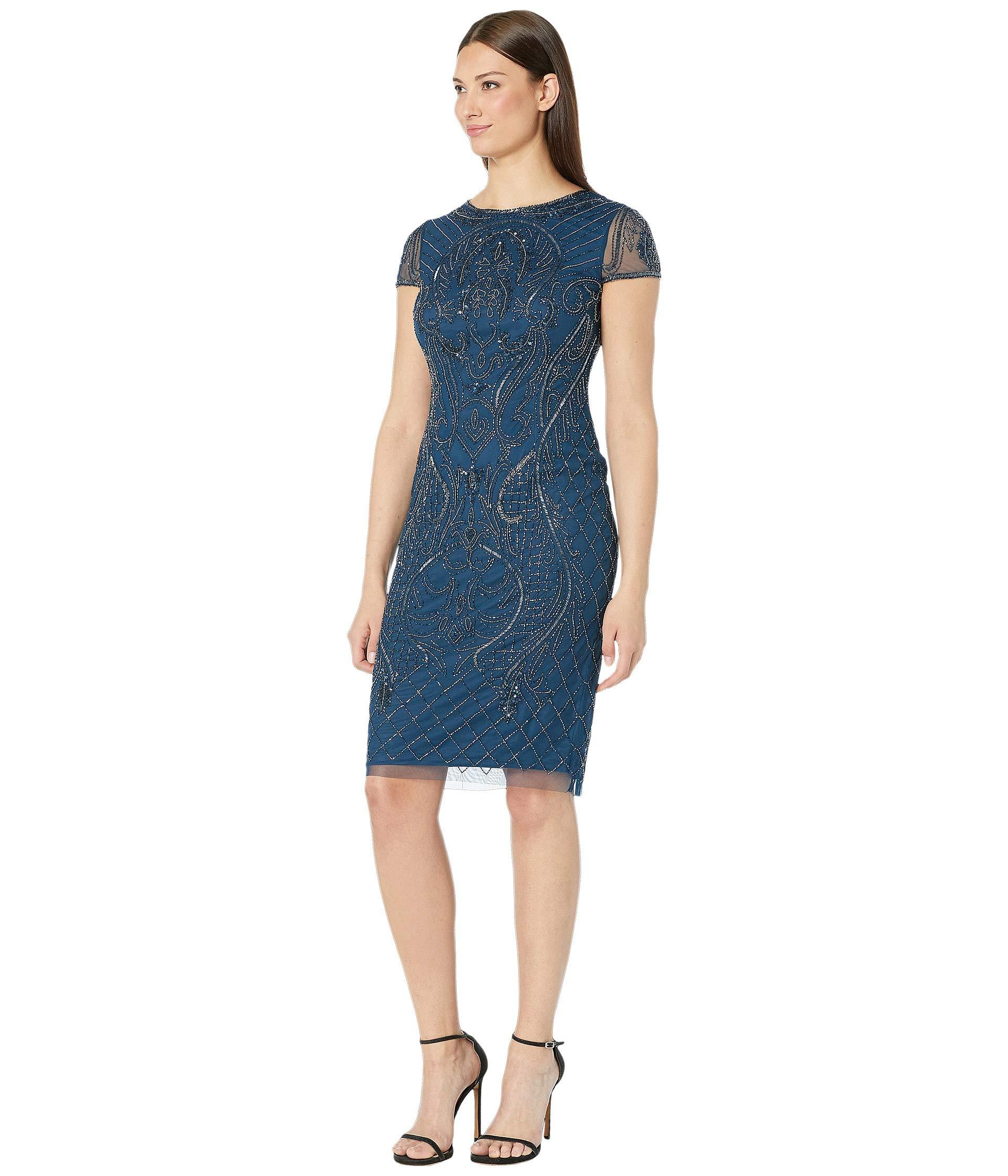 Adrianna Papell Synthetic Short Sleeve Beaded Cocktail Dress in Blue - Lyst
