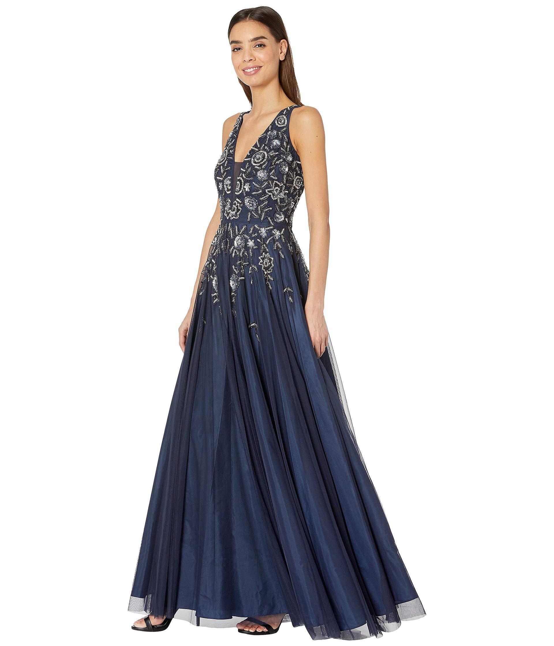 Adrianna Papell Synthetic Beaded Mesh Long V-neck Gown in Navy (Blue) - Lyst