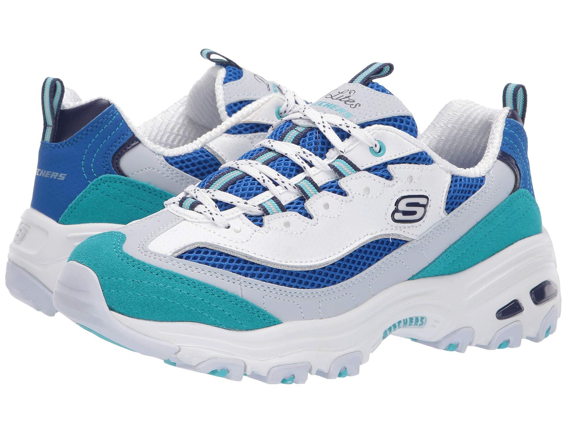 white and blue skechers