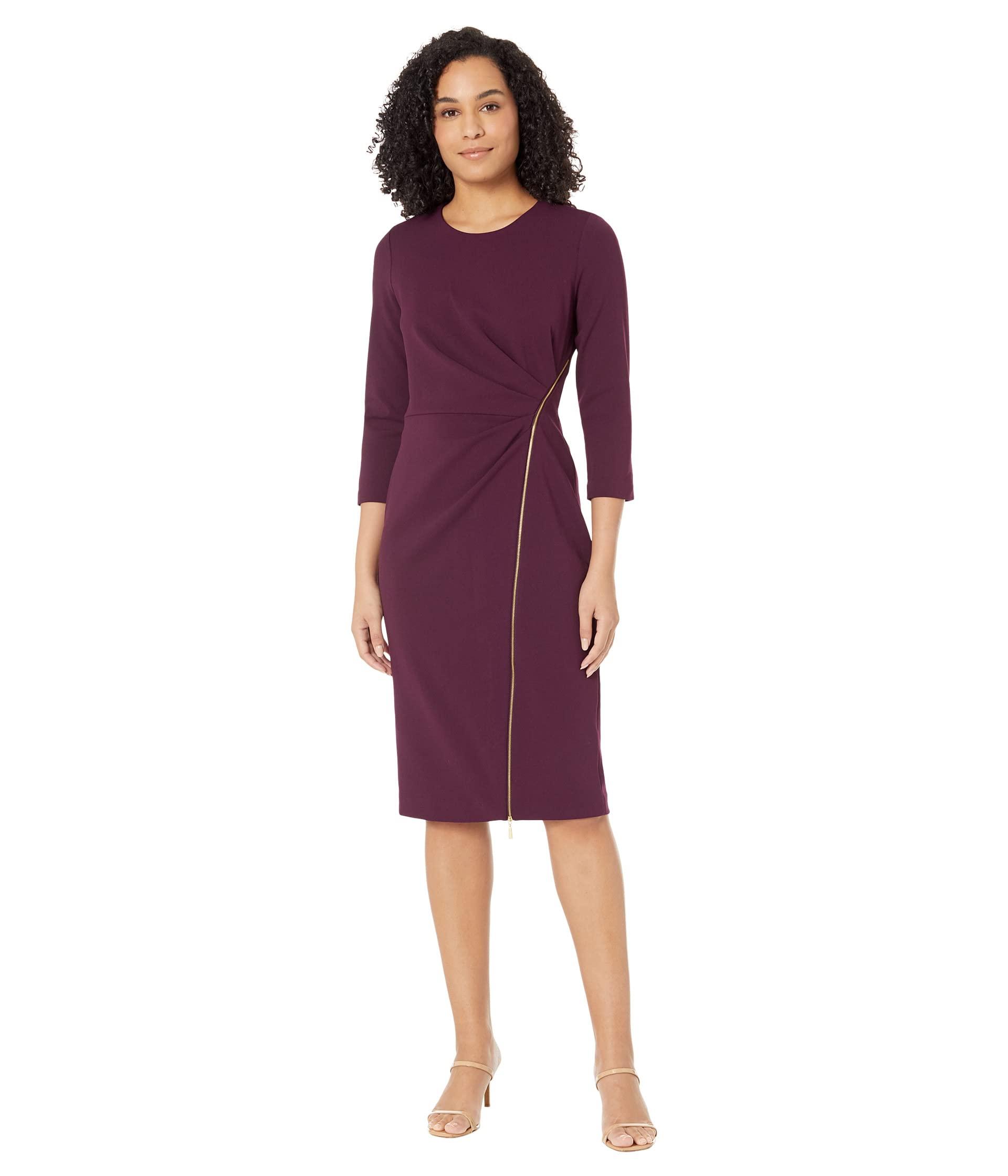Calvin Klein Long Sleeve Ruched Dress in Purple | Lyst