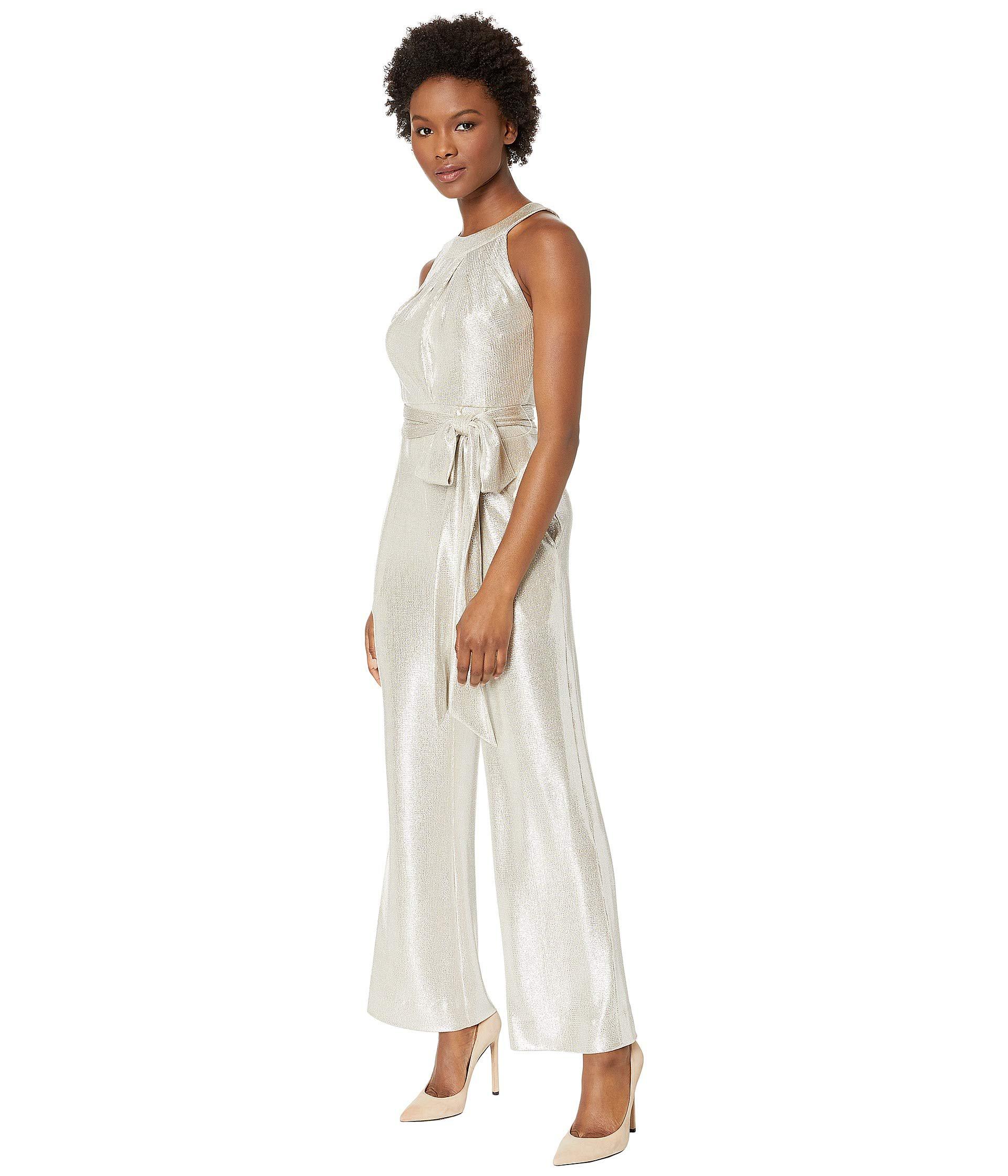 Tahari Petite Metallic Halter Neck Jumpsuit in White | Lyst