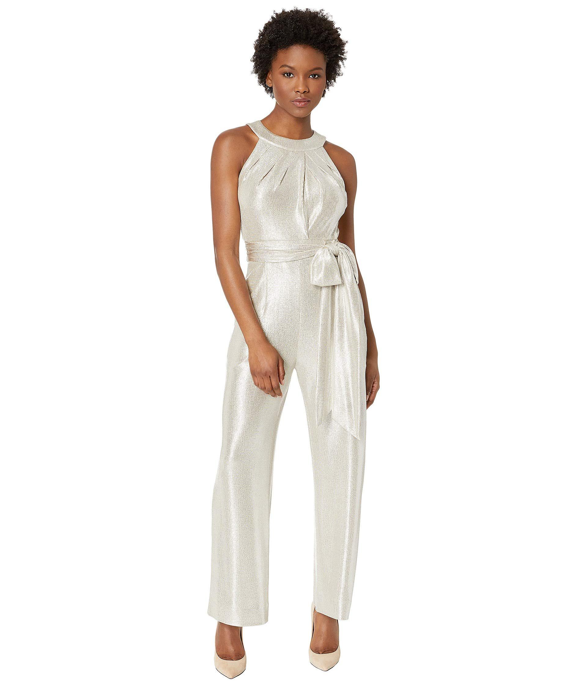 Tahari Petite Metallic Halter Neck Jumpsuit in White | Lyst