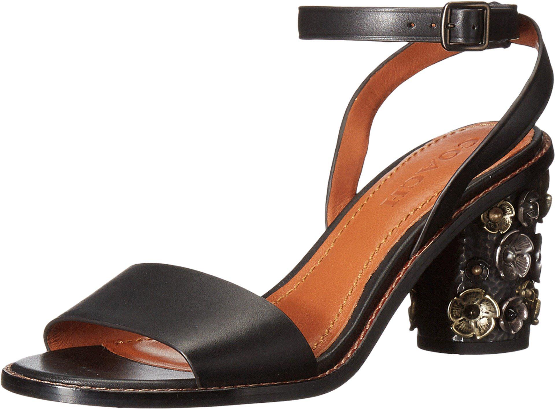 COACH Leather Mid Heel Sandal With Tea Rose in Black Leather (Black) | Lyst