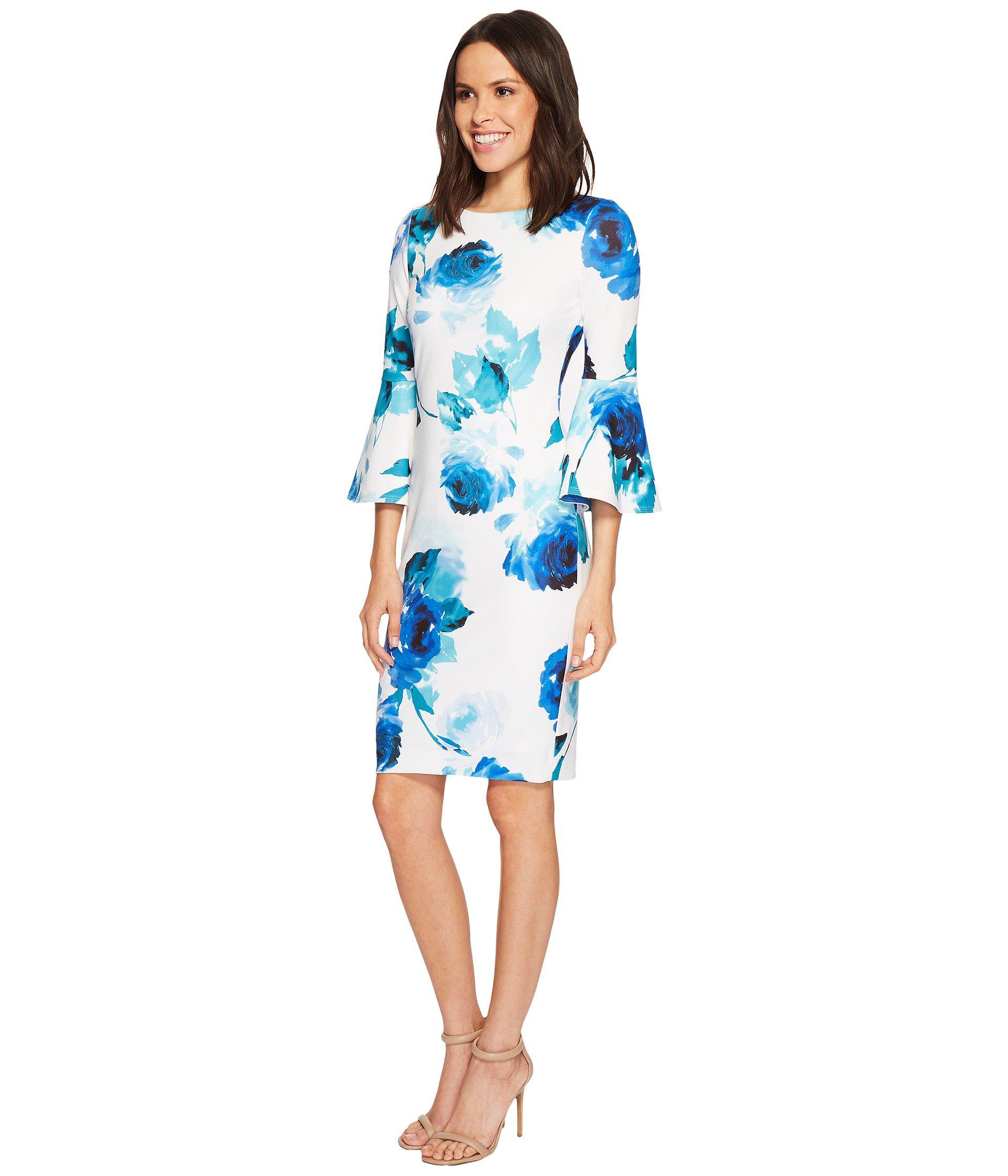 Calvin Klein Plus Floral Bell Sleeve Sheath Dress in Blue