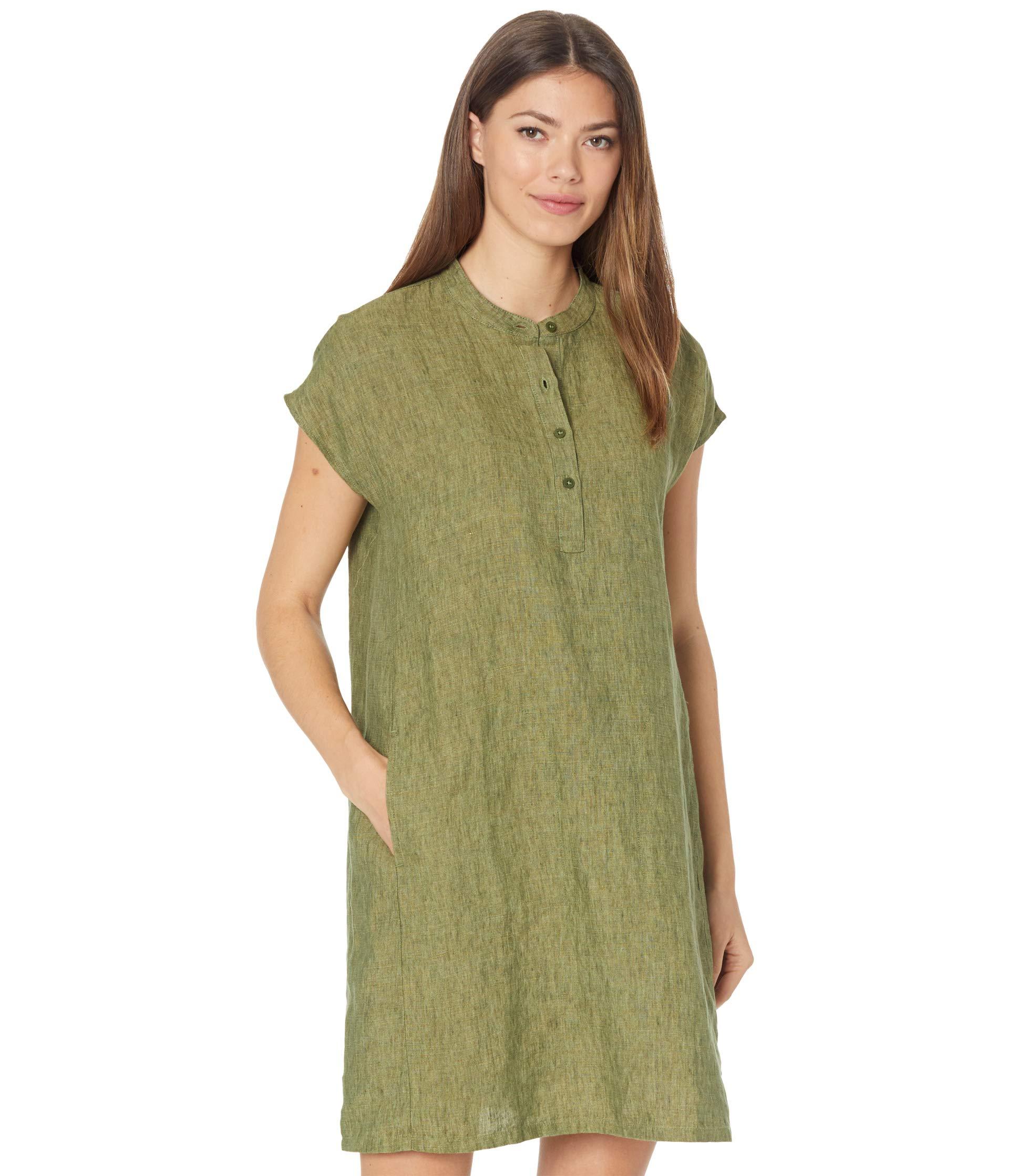 Eileen Fisher Mandarin Collar Dress In Washed Organic Linen Delave in Green  | Lyst