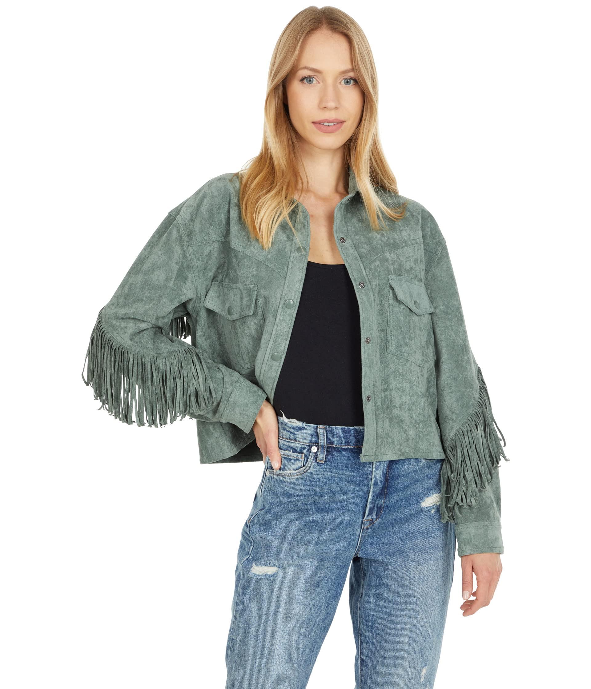 Blank NYC Faux Suede Fringe Shirt Jacket in Green | Lyst